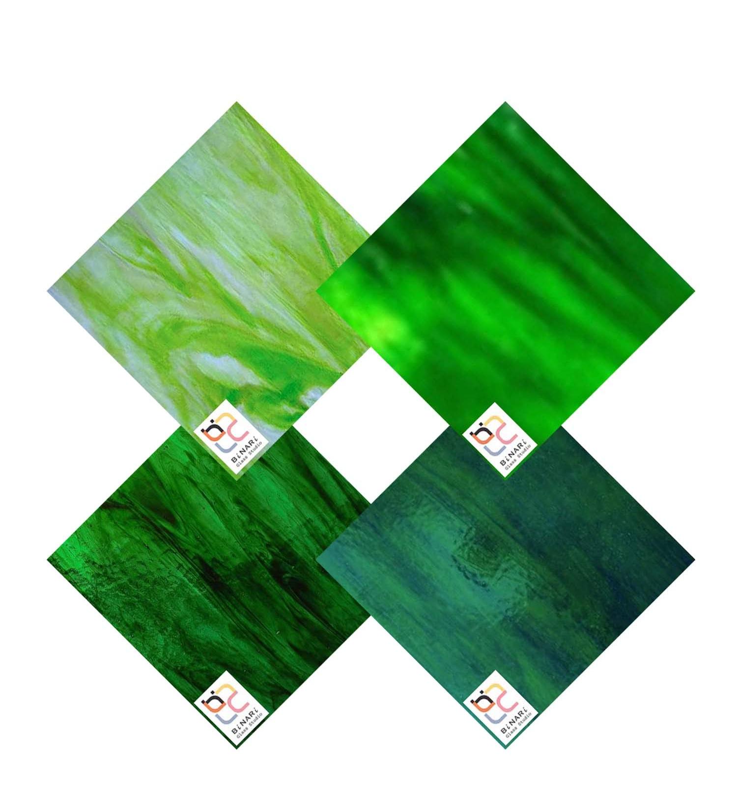 Wissmach 4 Sheet Mixed Color Variety Stained Glass Pack and Mosaic Glass, Green, (8"X6") by BiNARi Glass Studio