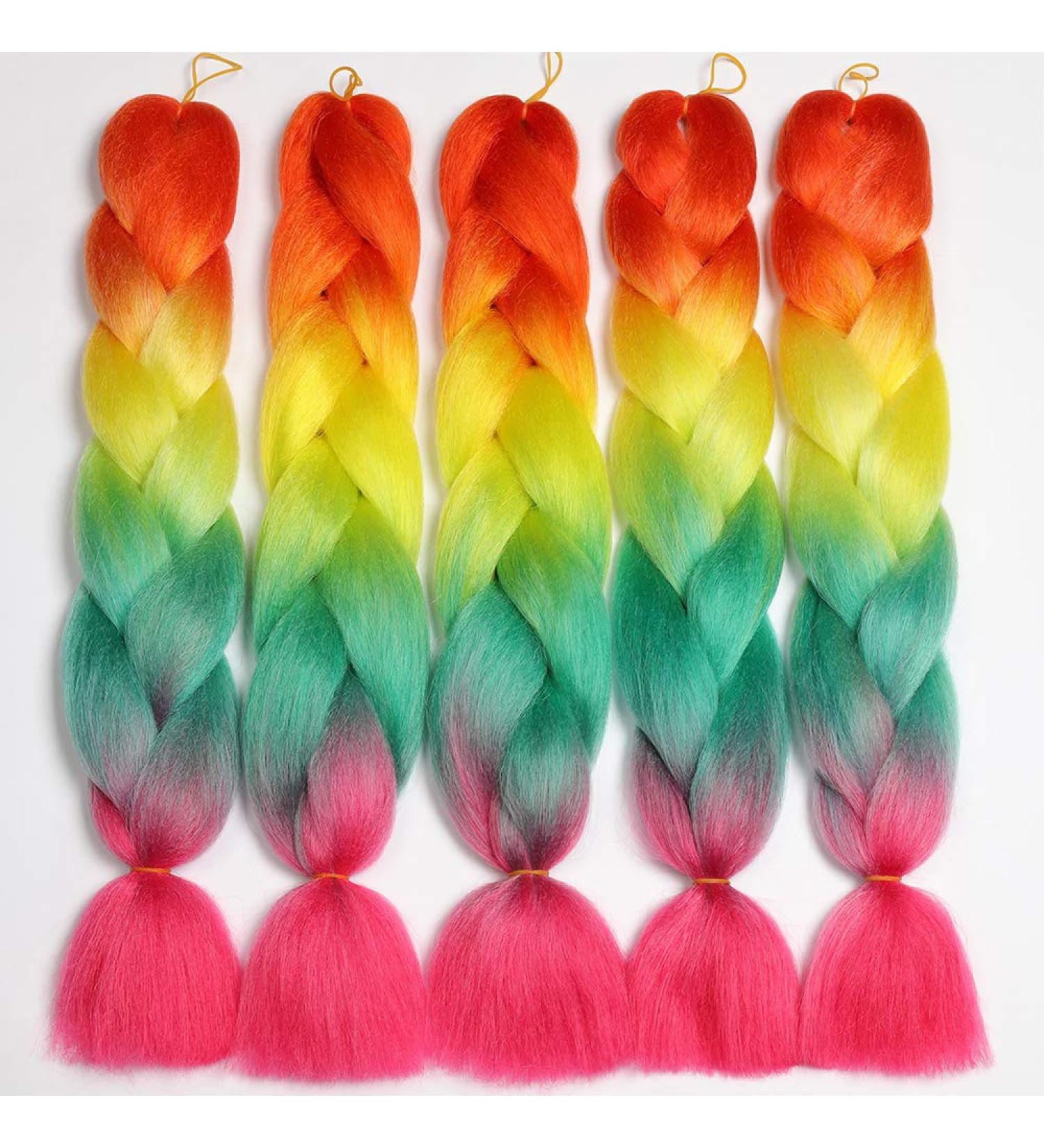 Showjarlly Jumbo Braid Art Hair Extensions - 24 Inch Kanekalon Ombre Braid for Crochet Twists (5 Pack) - Orange Yellow Green Pink - Buy Online on GoSupps.com