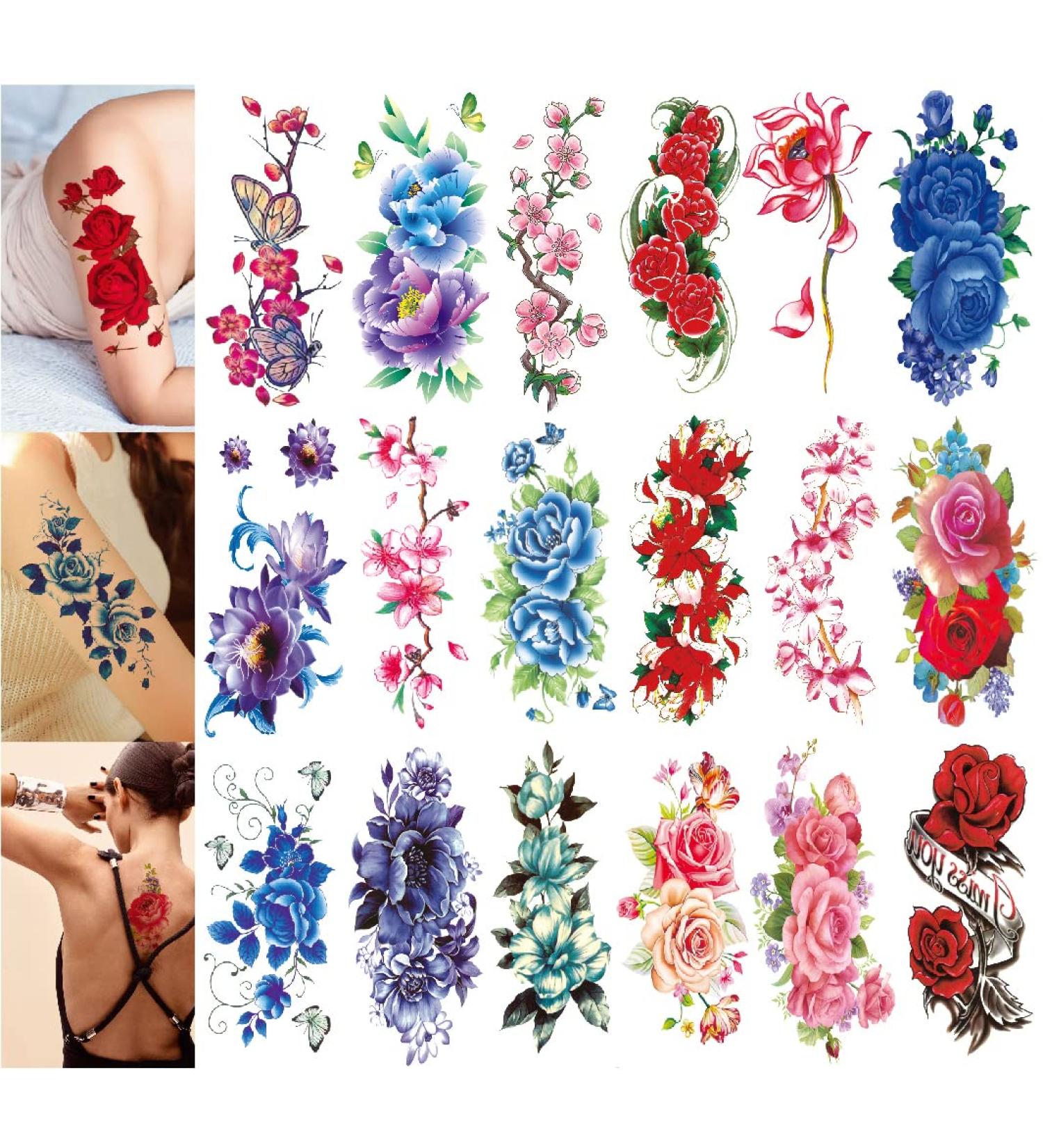 YAKAGO Flower Temporary Tattoos for Women - 21 Sheets of Rose, Cherry, Peony & Peach Blossom Designs | Waterproof Fake Tattoo Stickers for Adult Body Art - Buy Online on GoSupps.com