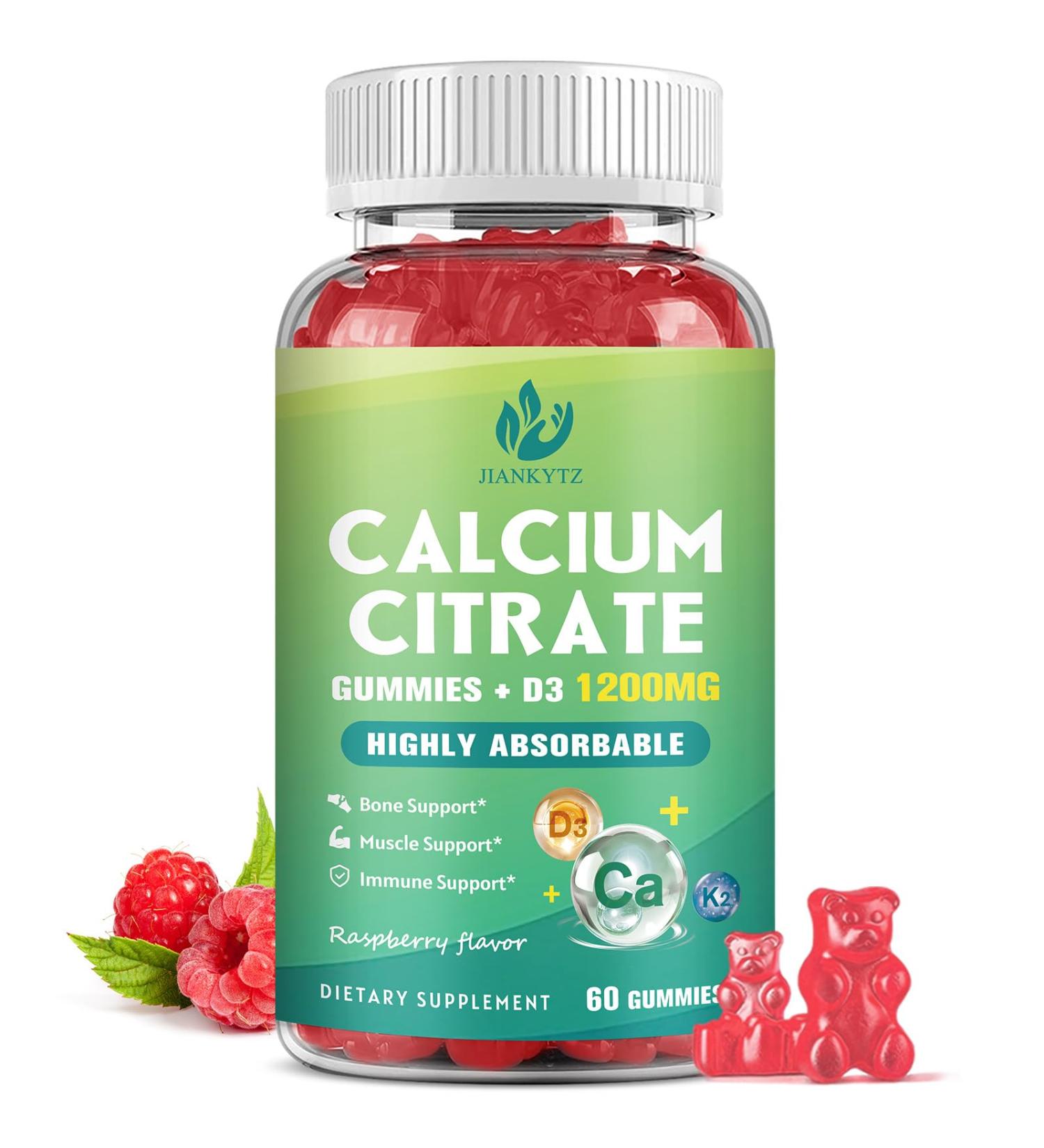 1200mg Calcium Citrate with Vitamin D3 Gummies for Bones, Muscles, Immune Support, Chewable Calcium Citrate with Vitamin D3 K2 C, Magnesium, Zinc, Raspberry - Buy Online on GoSupps.com