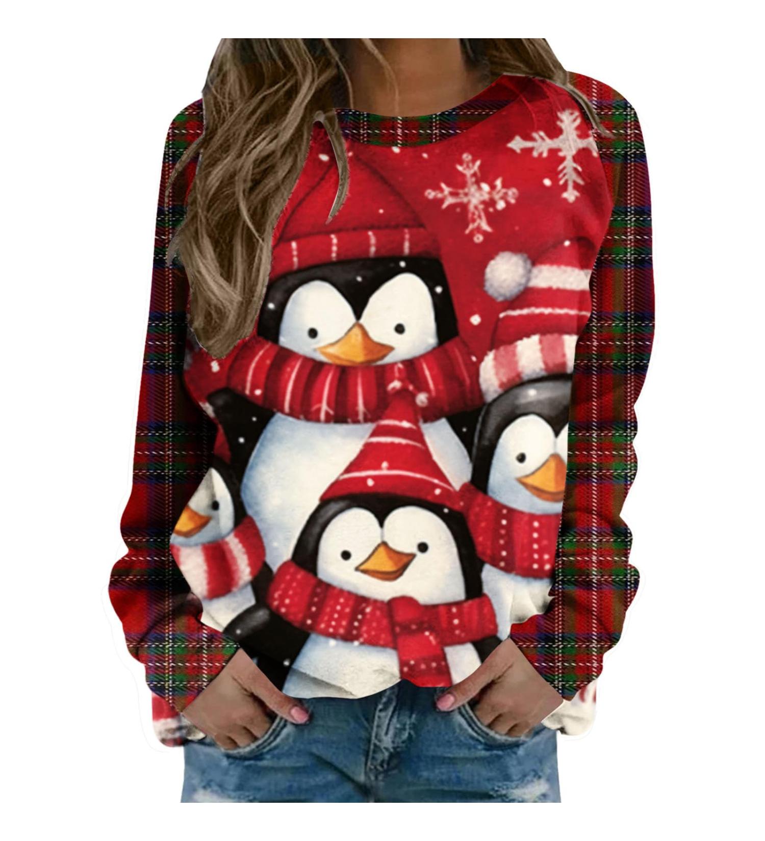 Women's Christmas Snowman & Penguin Print Raglan Sweatshirt - Warm & Cozy Xmas Jumper - Buy Online on GoSupps.com