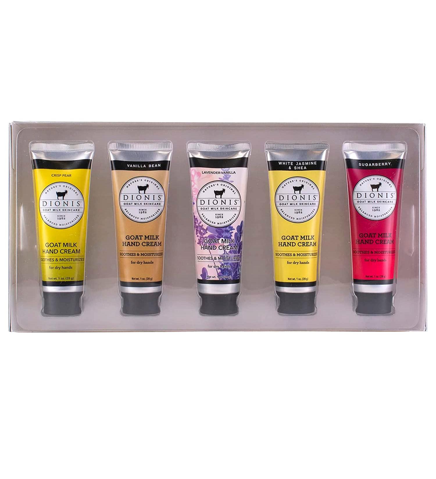 Dionis Goat Milk Holiday Hand Cream Gift Set - Pear, Vanilla, Lavender, Jasmine, Shea, Sugarberry - 1oz Mini Lotions - Buy Online on GoSupps.com
