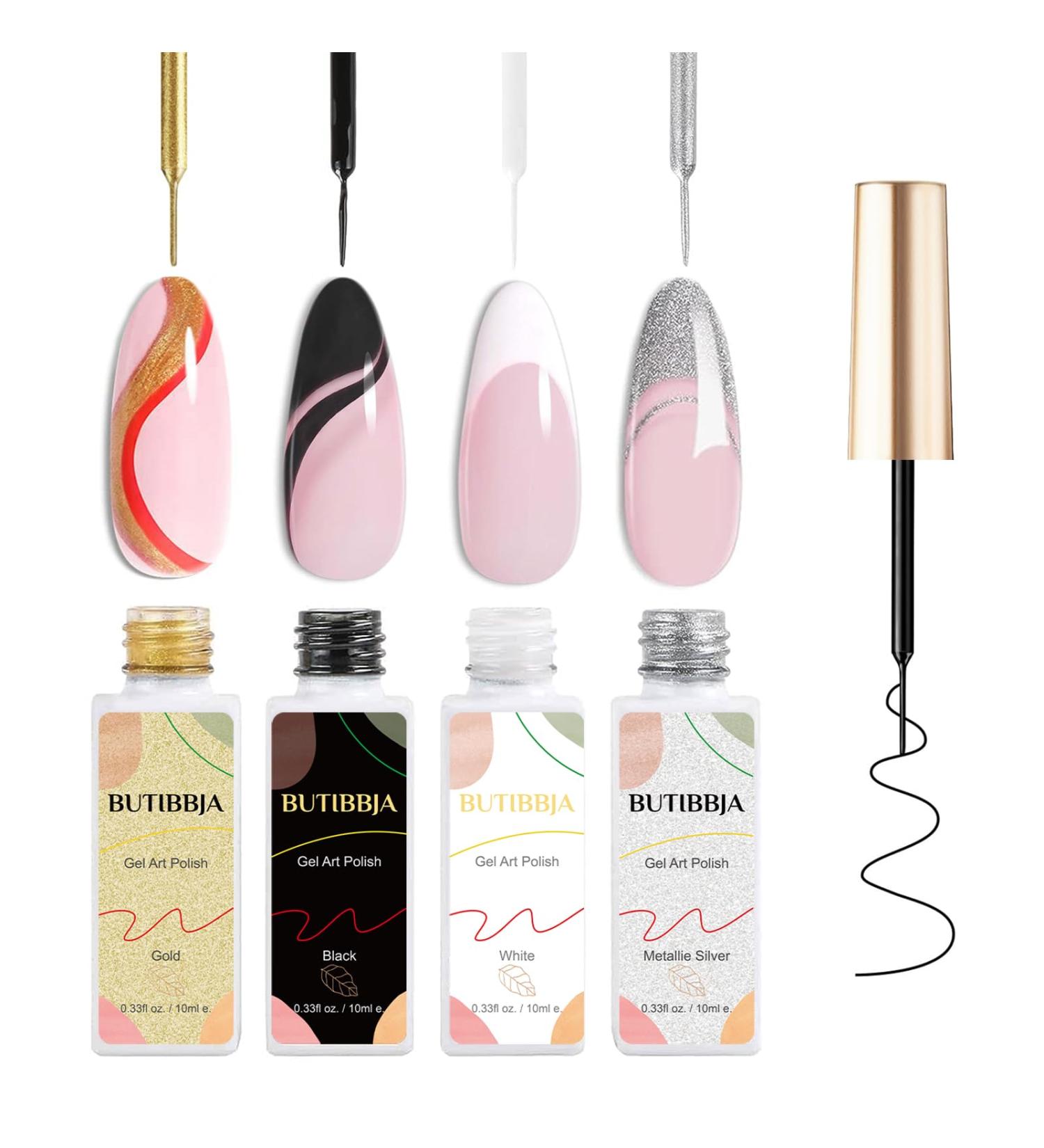 Gel Liner Nail Art Polish Set - 4 Pcs Black White Gold Silver Glitter Colors with Thin Brush - Soak Off LED Lamp Compatible - 0.33 fl. oz Each - Buy Online on GoSupps.com