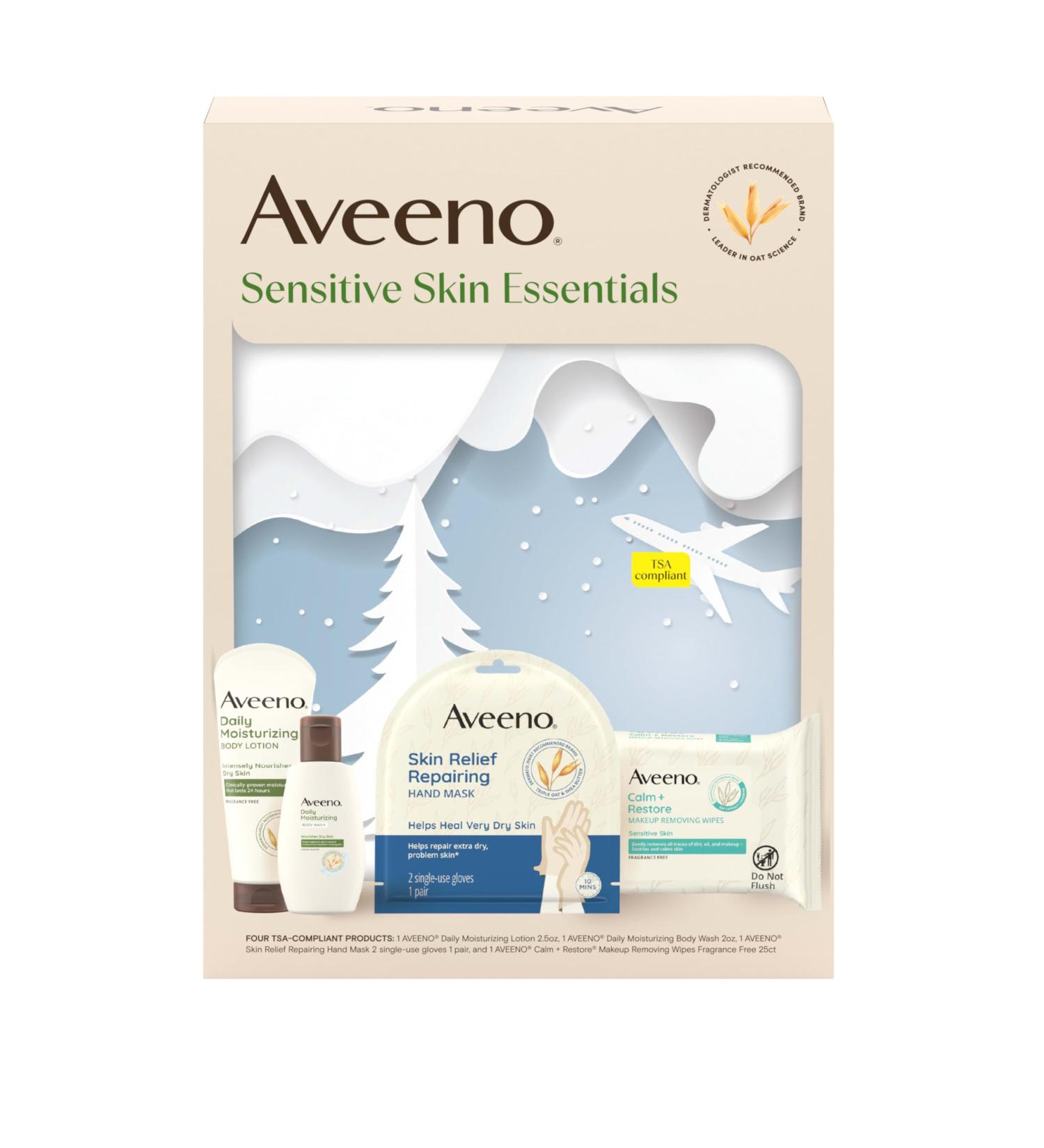 Aveeno Sensitive Skin Essentials Gift Set with Daily Moisturizing Lotion Daily Moisturizing Body Wash Calm + Restore Makeup Removing Wipes & Skin Relief Repairing Hand Mask 4 items - Buy Online on GoSupps.com