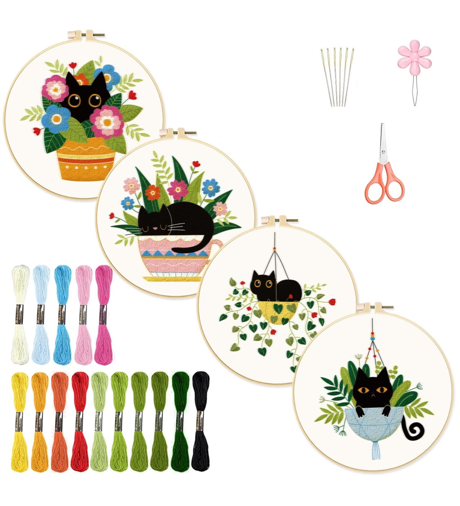 Infunly 4 Pack Black Cat Embroidery Starter Kit | DIY Plant Cross Stitch Set for Adults | Includes Hoops, Threads, Needles & Instructions - Buy Online on GoSupps.com