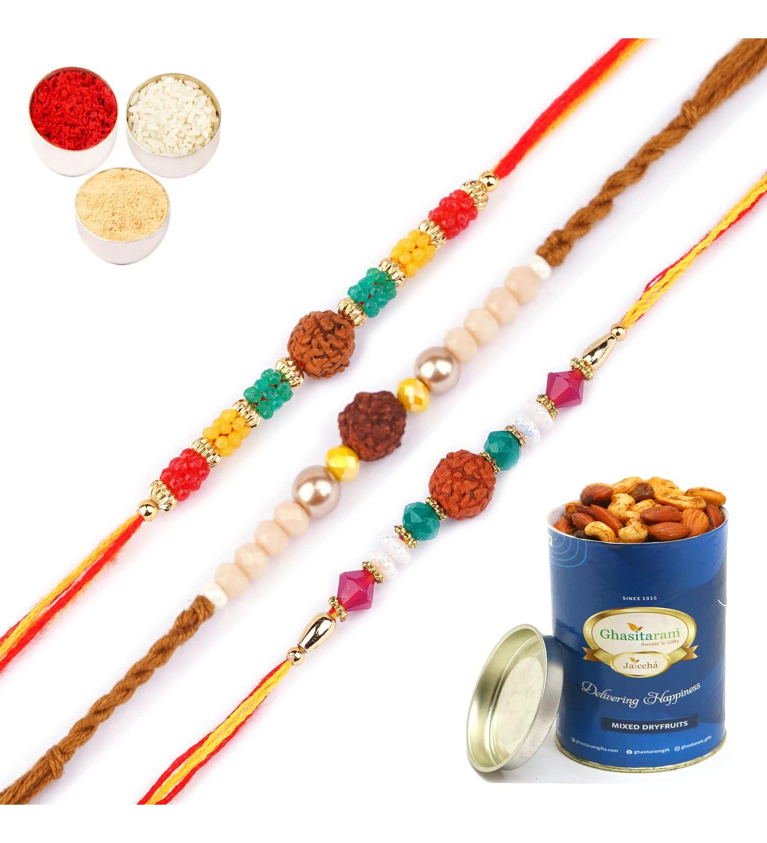 Ghasitaram Gifts Rakhi for Brother Rakhis Online - Set of 3-1986 1988 1908 Rudraksh Rakhis with 100 GMS of Dryfruits Mix Can - Buy Online on GoSupps.com