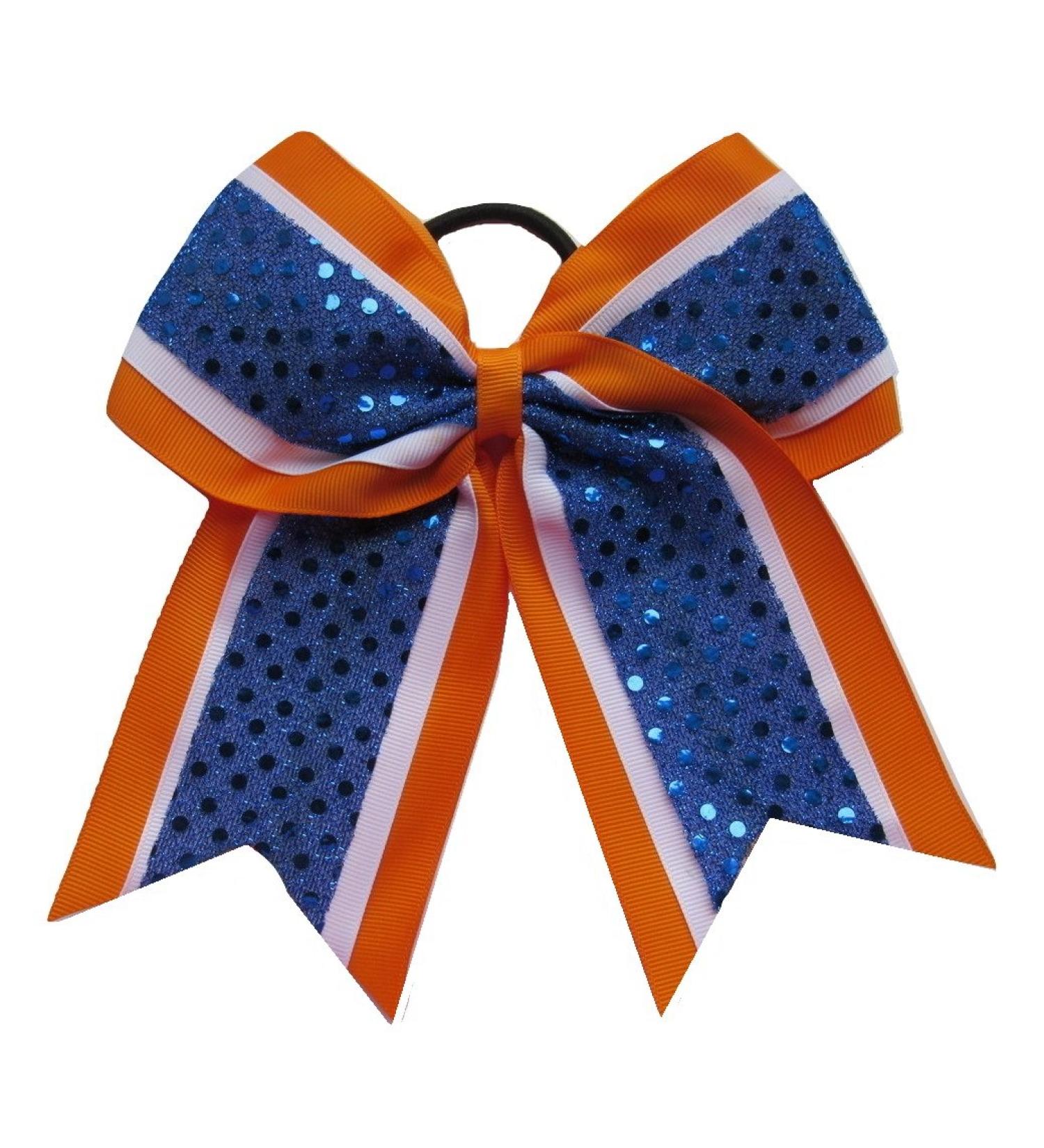 New "CONFETTI DOTS Orange Blue" Cheer Bow Pony Tail 7 Inch Girls Hair Bows Cheerleading Dance Practice Football Games Competition Birthday Grosgrain Ribbon