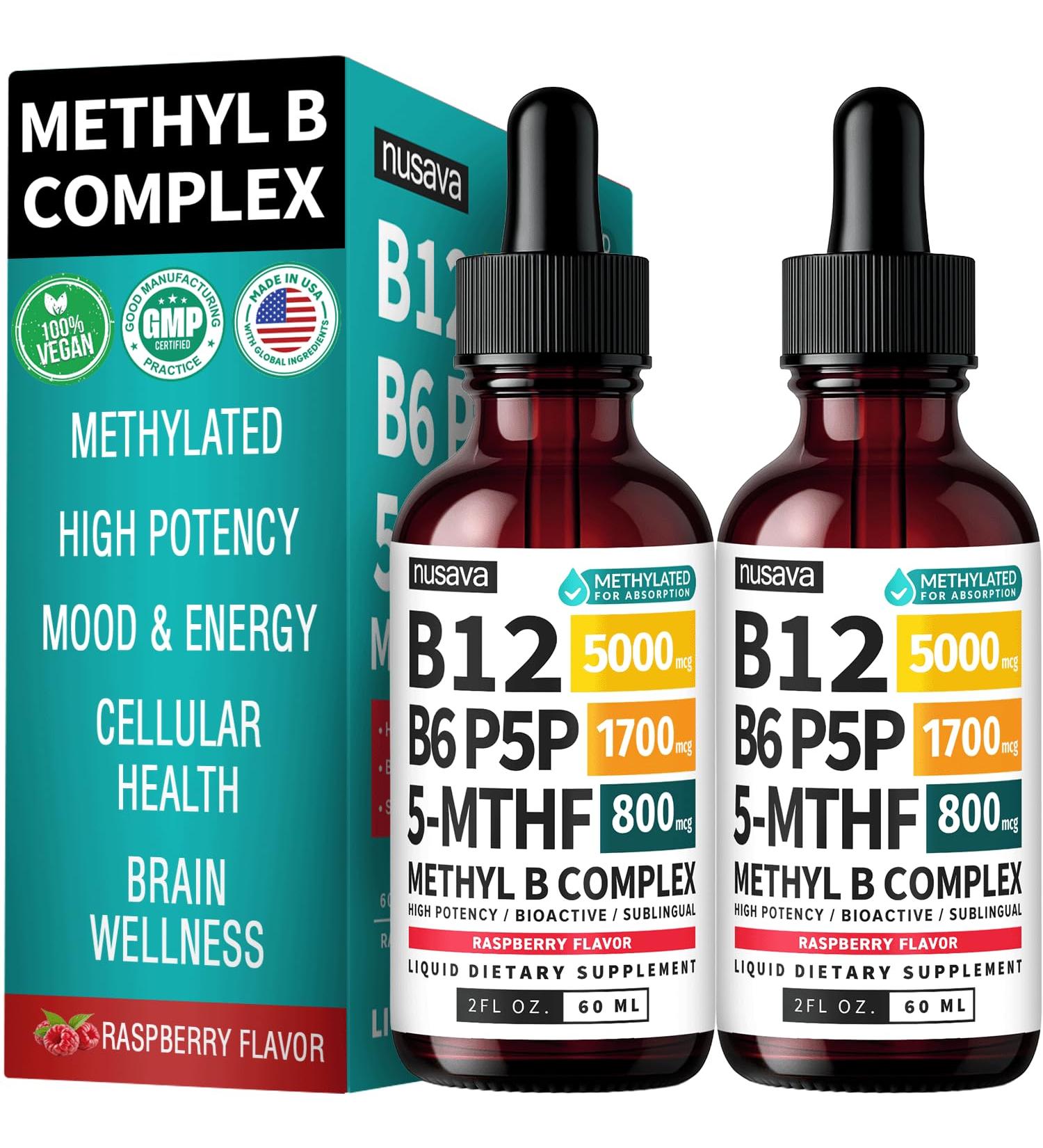 (2-Pack) Methylated B Complex Liquid Drops with Active L-Methylfolate - B12 Sublingual Drops, Vitamin B Complex - Vegan B 12 Vitamin 5000mcg, Non-GMO, Raspberry Flavor, No Sugar, 2 Fl oz, 80 Servings - Buy Online on GoSupps.com
