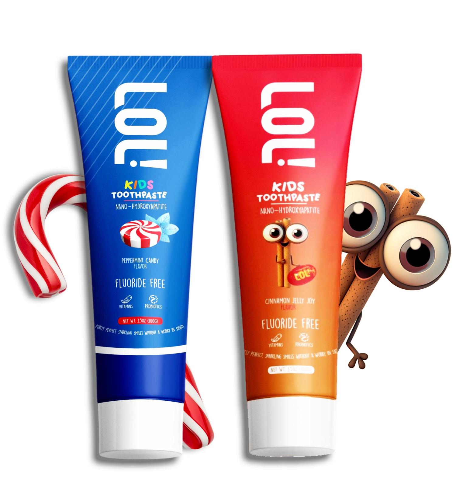 LOL Kids Fluoride-Free Toothpaste 2-Flavors Pack | Nano-Hydroxyapatite Probiotics Vitamins A C E | Safe if Swallowed No SLS | 1 Peppermint 1 Cinnamon Flavor - Buy Online on GoSupps.com
