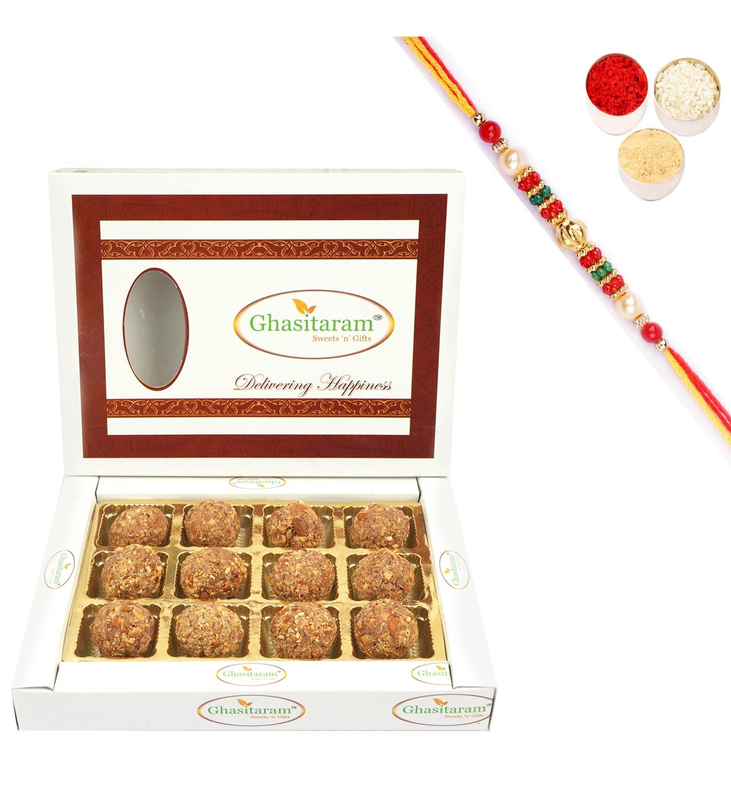 Ghasitaram Gifts Rakhi Gifts for Brothers Rakhi Sweets - Chocolate Dryfruit Balls with Beads Rakhi Chocolate Dryfruit Balls with Rakhi - Buy Online on GoSupps.com