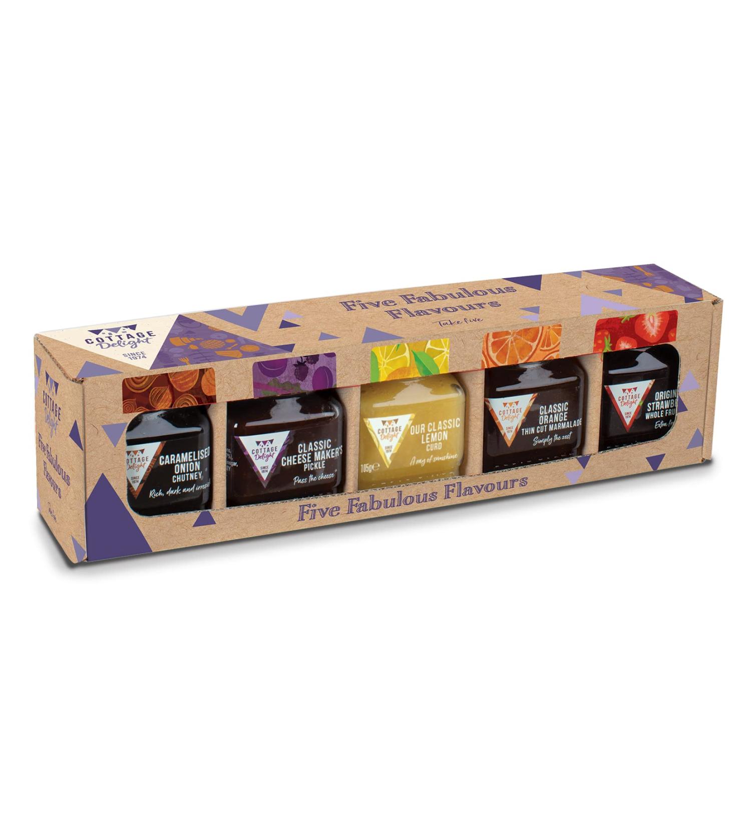 Cottage Delight Five Fabulous Flavours Set - Onion Chutney, Cheese Pickle, Lemon Curd, Marmalade, Strawberry Jam - 105g-115g-113g - Buy Online on GoSupps.com