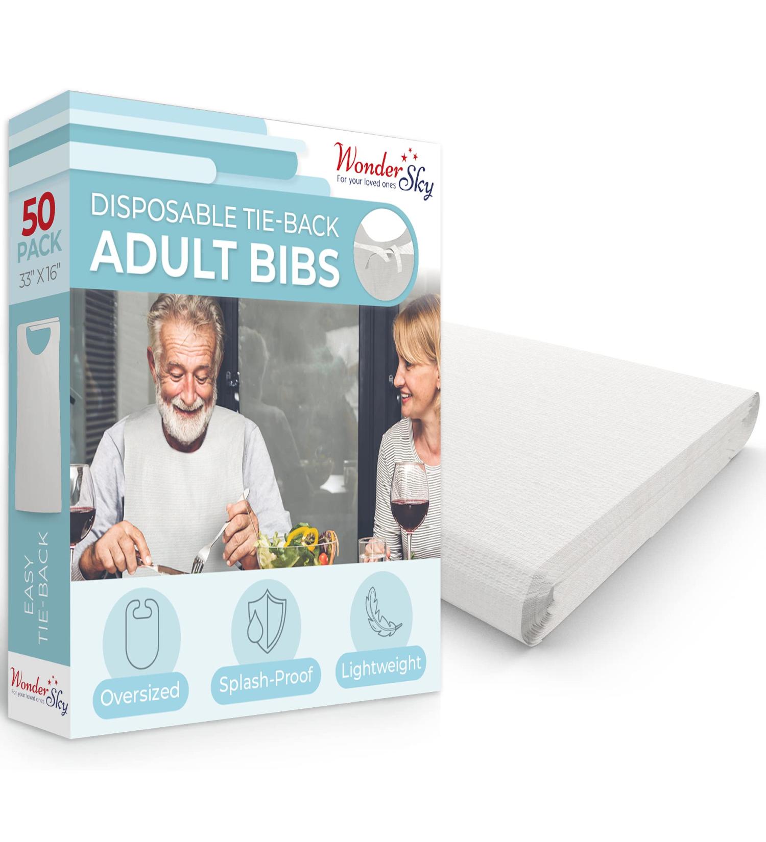 50-Pack White Disposable Adult Bibs for Eating - Large Tie Back Apron Bib for Seniors - Men and Women - Buy Online on GoSupps.com