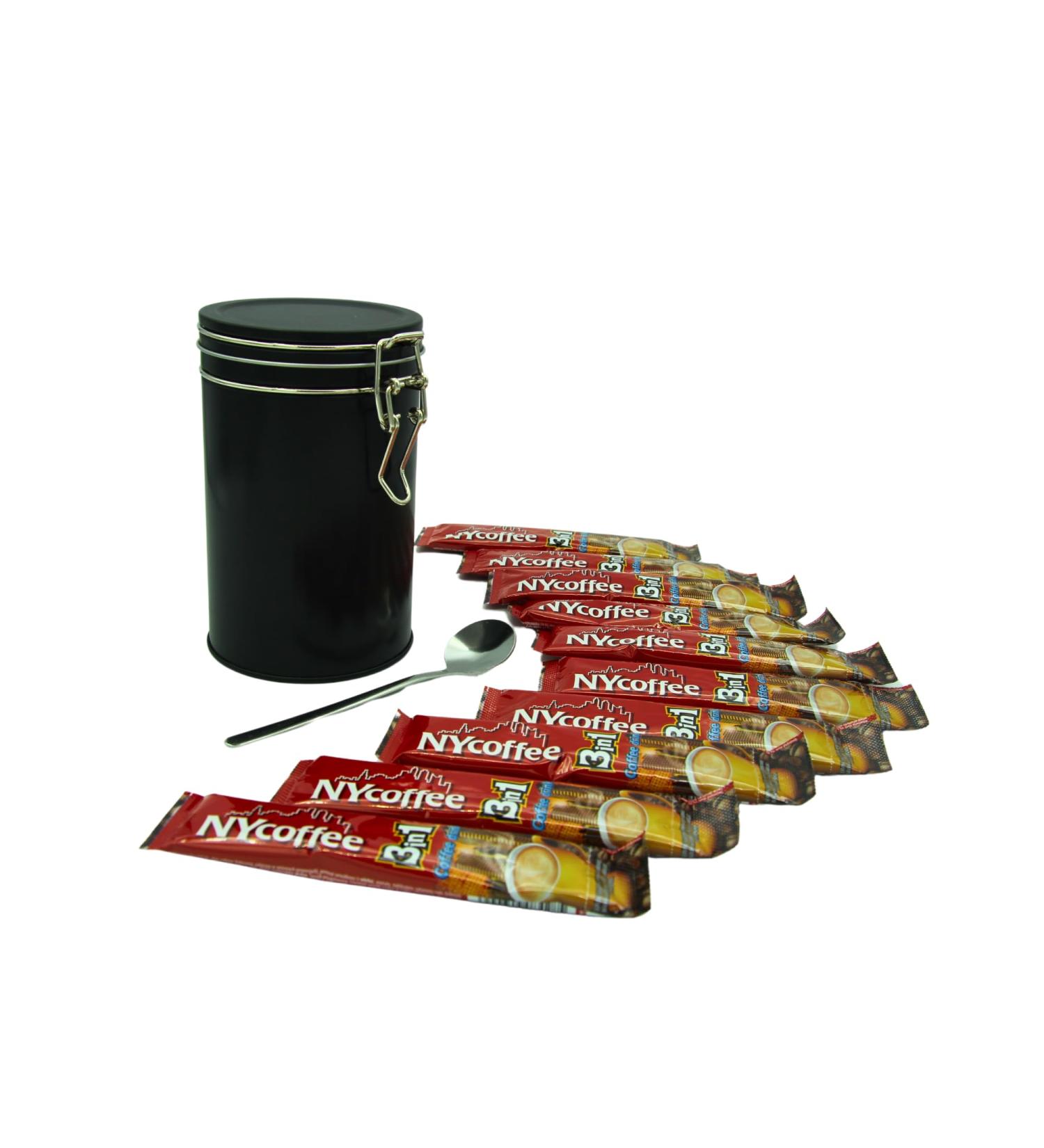 NY 3-in-1 White Coffee Sachets Individually Wrapped with Sugar 10 x 14g Bundle with Black Refillable Cannister and Latte Spoon Set for Home Desk or Travel - Buy Online on GoSupps.com