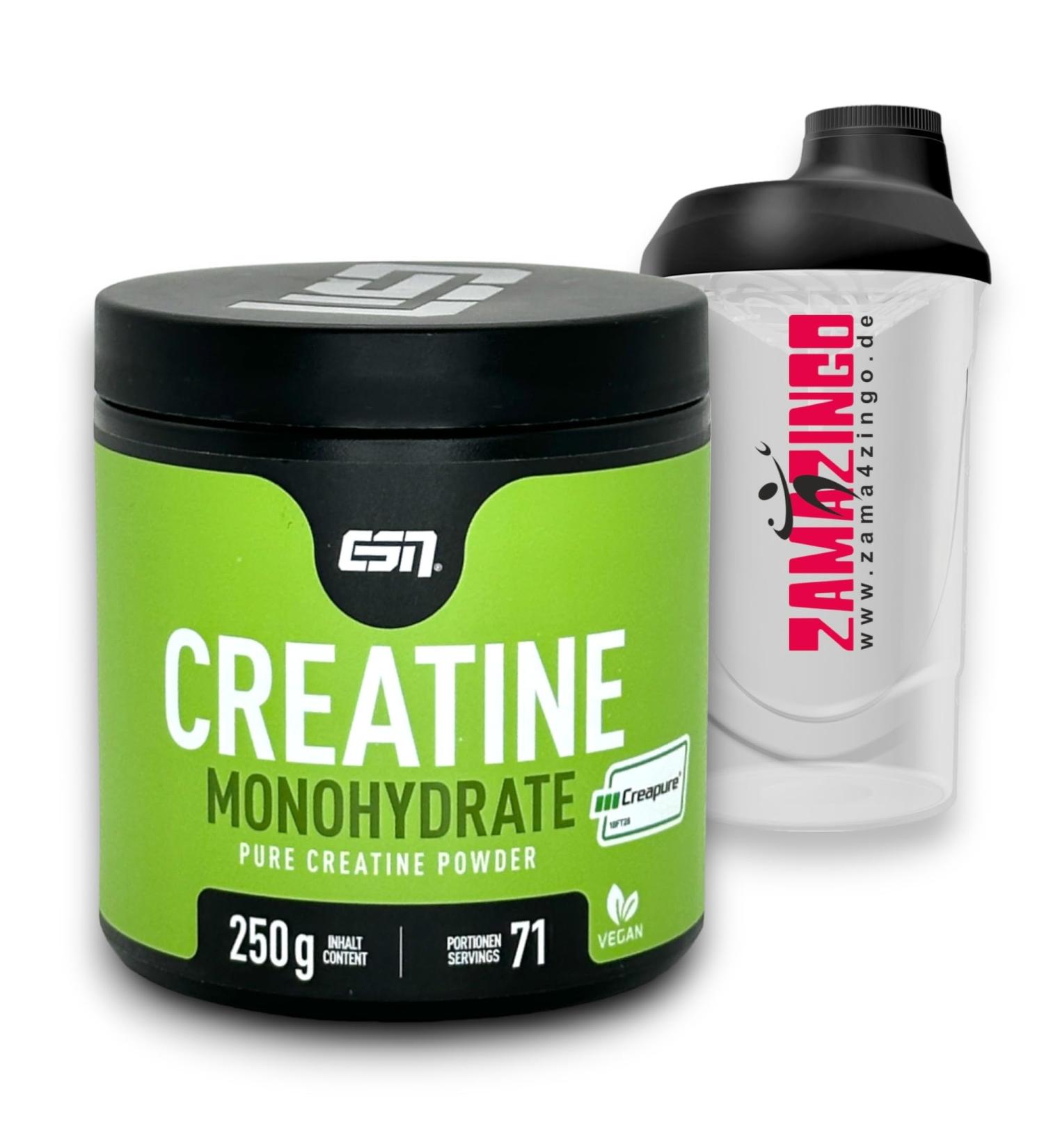 ESN Creapure Creatine Monohydrate 250g - Vegan Powder 71 Portions & Free Zama4zingo Shaker 600ml - Premium Dietary Supplement for Muscle Performance - Buy Online on GoSupps.com