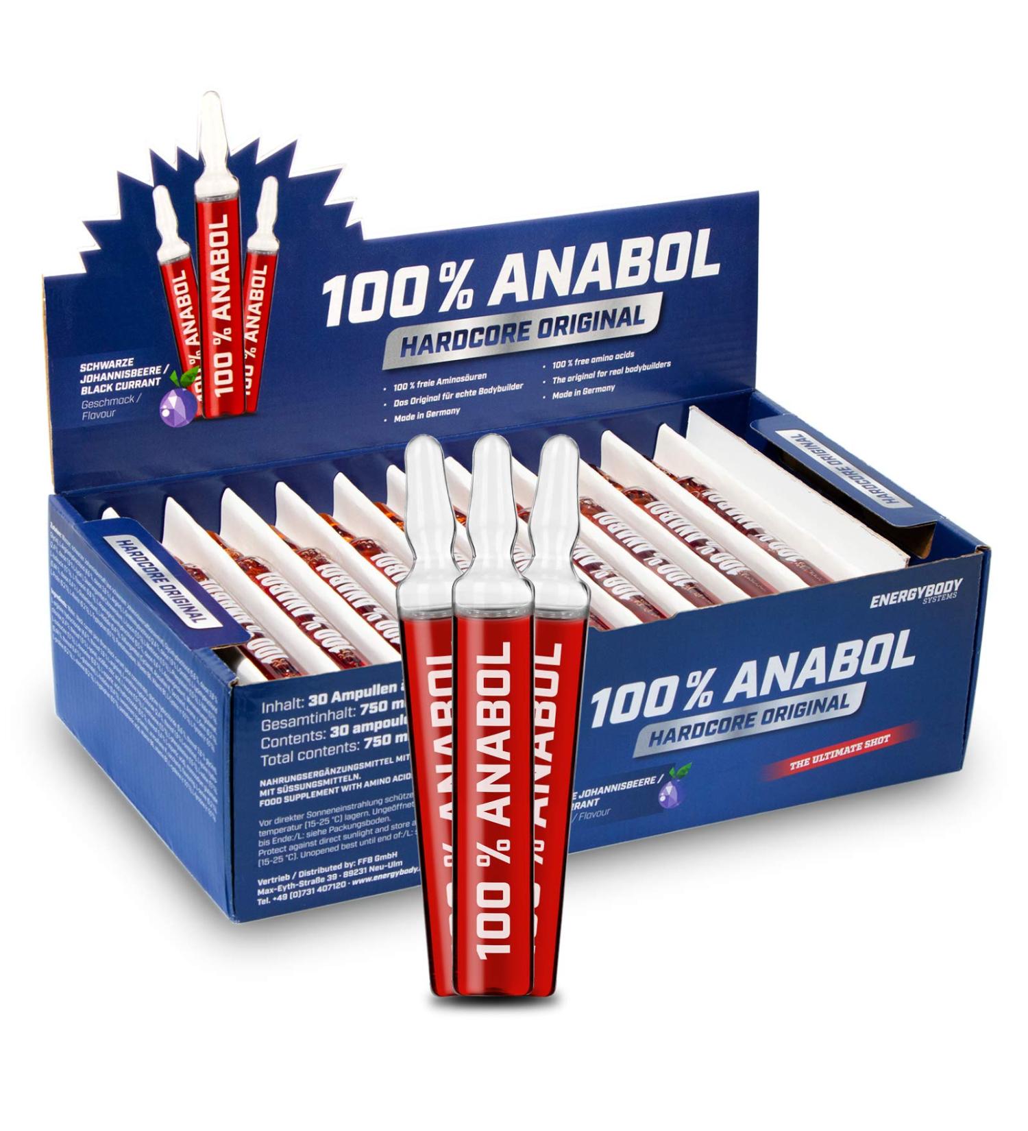 Energybody 100% Anabolic Amino Acids Complex - High-Dose Liquid 30x25ml Ampoules for Muscle Building | EAAs BCAAs & Vitamins - Black Currant Flavor - Buy Online on GoSupps.com