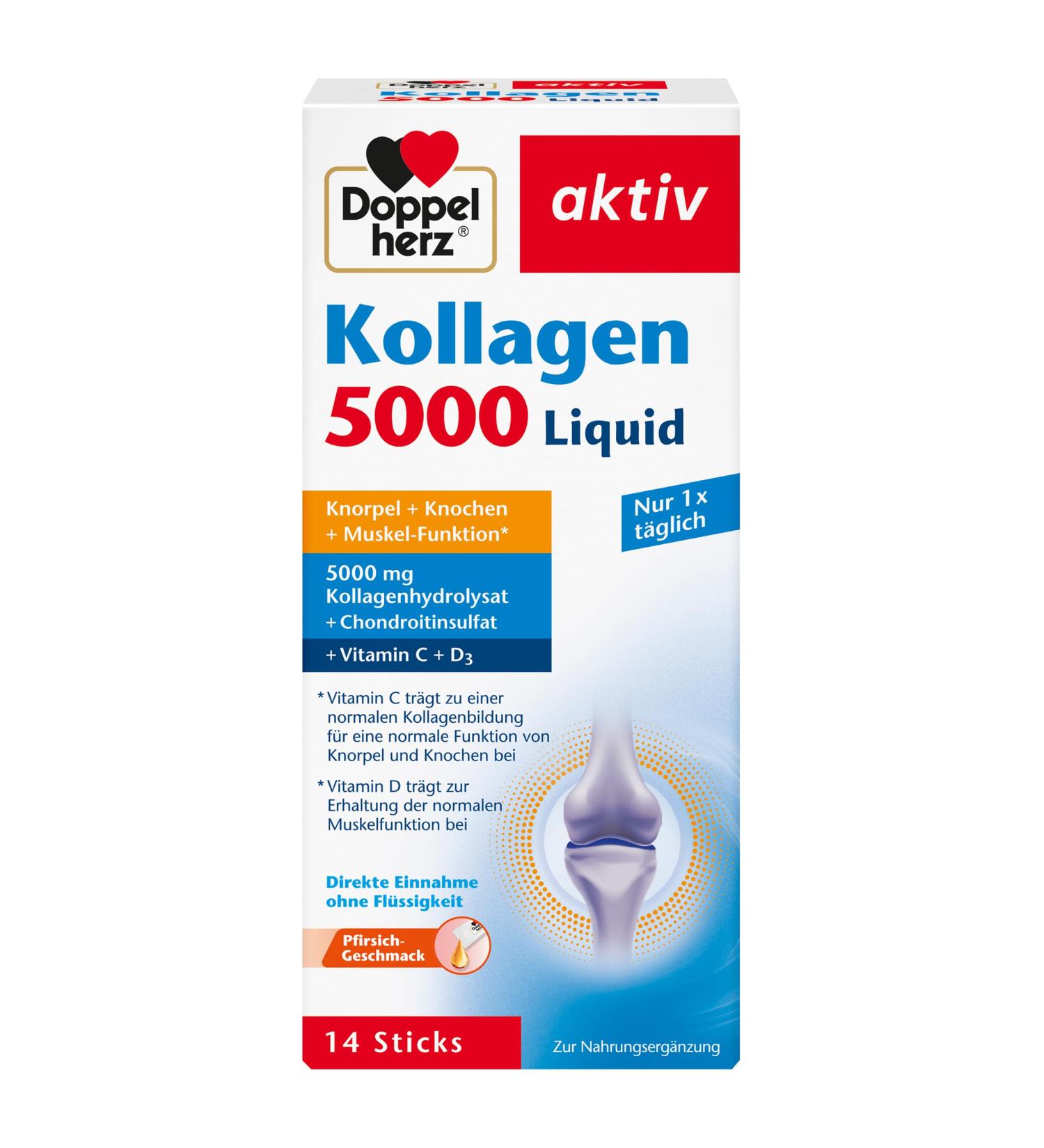 Doppelherz Collagen 5000 Liquid - Collagen Hydrolysate & Chondroitin - Peach Flavor - 14 Sticks for Healthy Skin & Joints - International Shipping Available - Buy Online on GoSupps.com