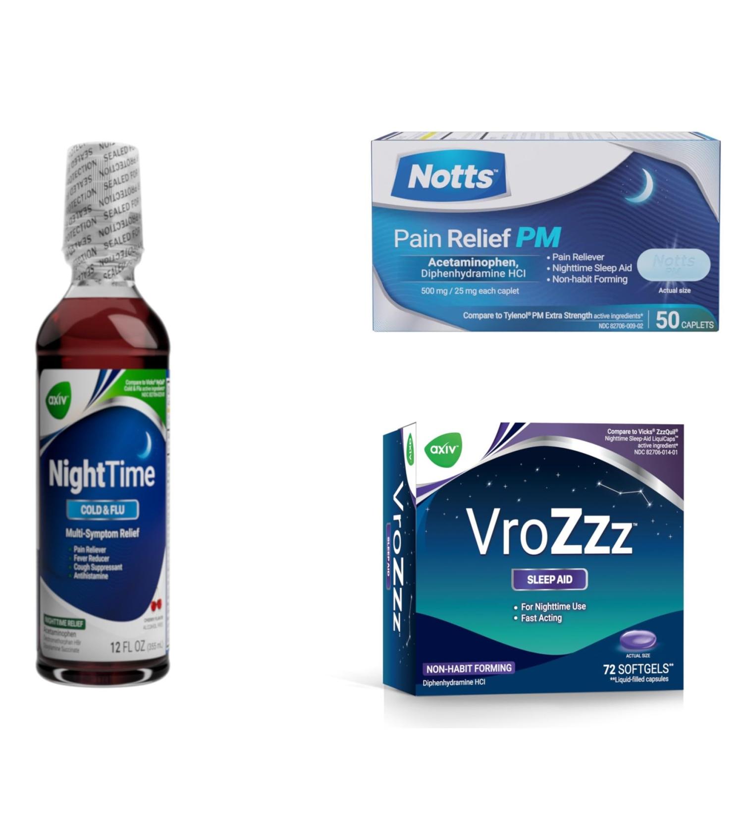 AXIV VroZzz Melatonin Gummies + Notts PM Acetaminophen Caplets Liquid Formula Value Bundle - Buy Online on GoSupps.com