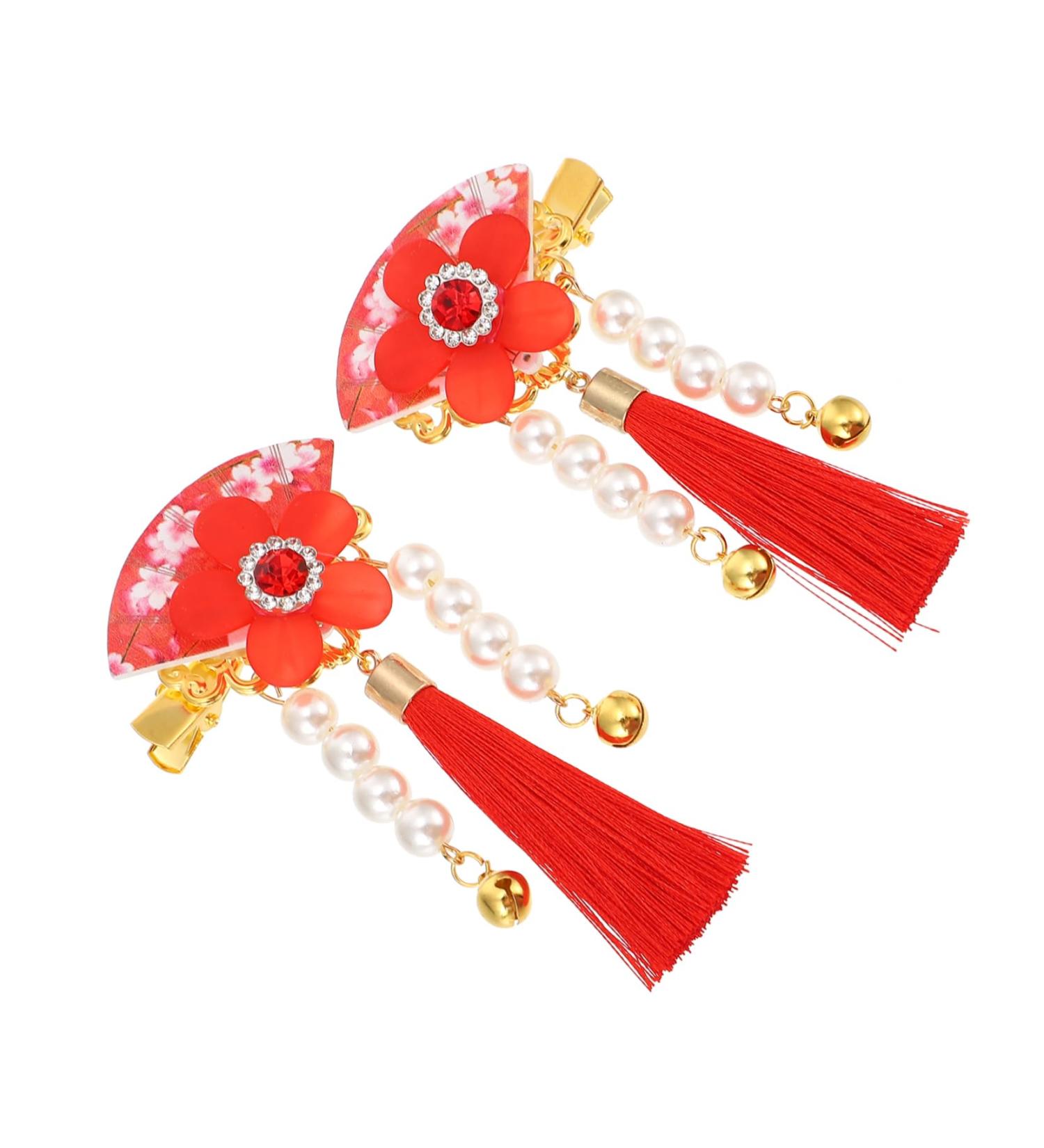 Housoutil 1 Pair Hair Accessories Tassel Flower Hair Clip Floral Hair Grip Children Tassel Hairpins Chinese Style Hair Clips Kids Hair Clips Red Issue Card Zinc Alloy - Buy Online on GoSupps.com