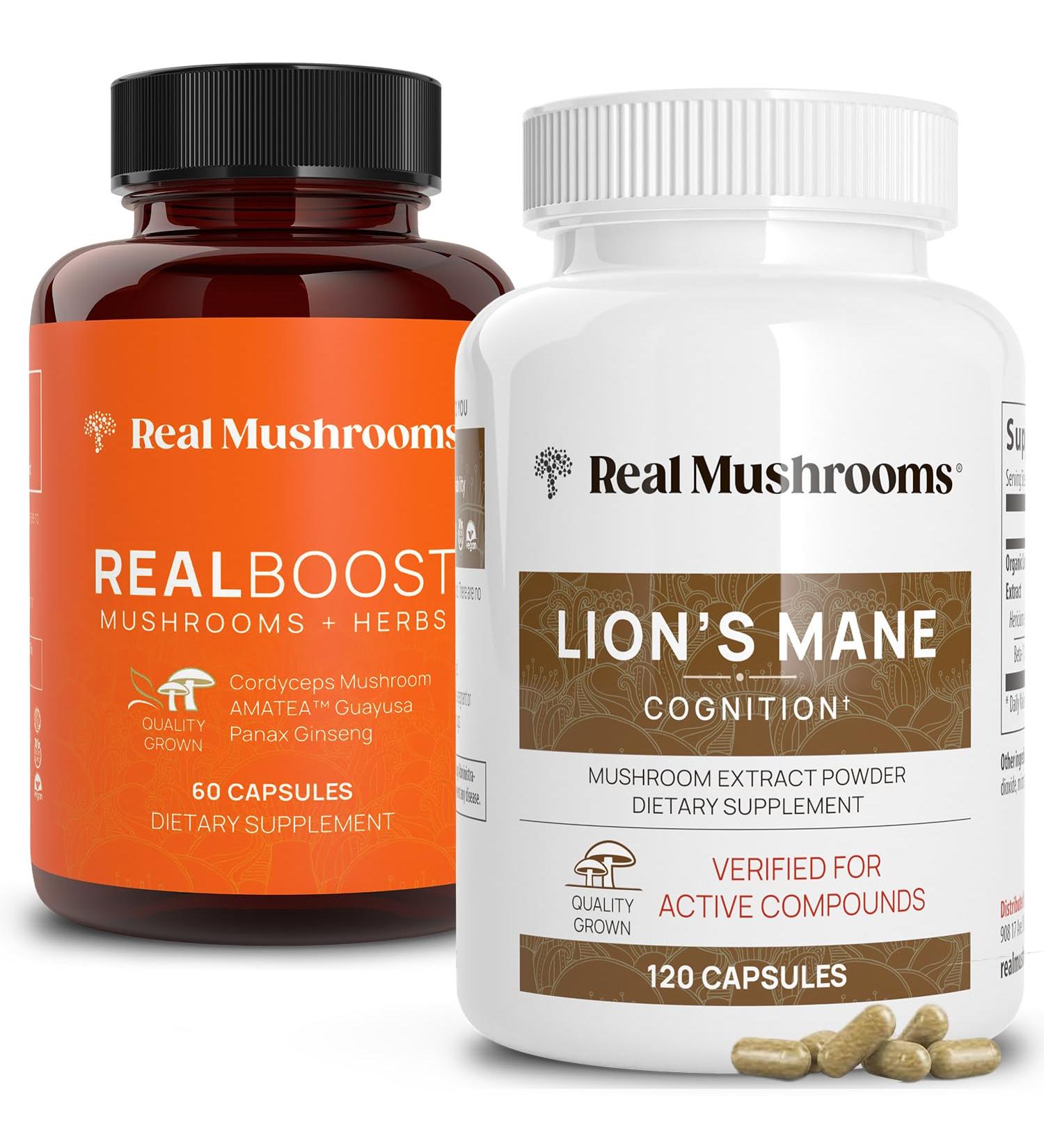 Real Mushrooms RealBoost (60ct) and Lions Mane (120ct) Capsules Bundle - Mushroom Supplement for Energy Vitality & Cognition - Energy & Brain Vitamins w/Cordyceps Ginseng Guayusa - Vegan Non-GMO - Buy Online on GoSupps.com