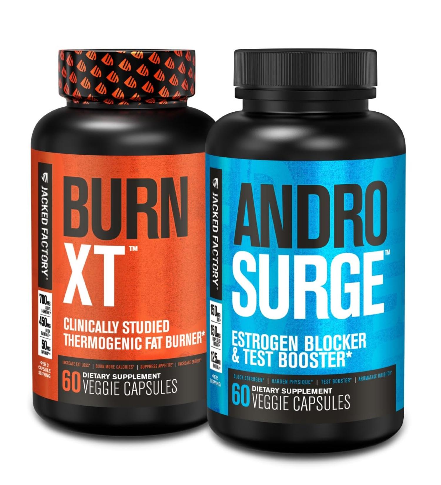 Jacked Factory Burn-XT Thermogenic Fat Burner - Appetite Suppressant for Weight Loss & Androsurge Estrogen Blocker for Men - Testosterone Booster - Buy Online on GoSupps.com