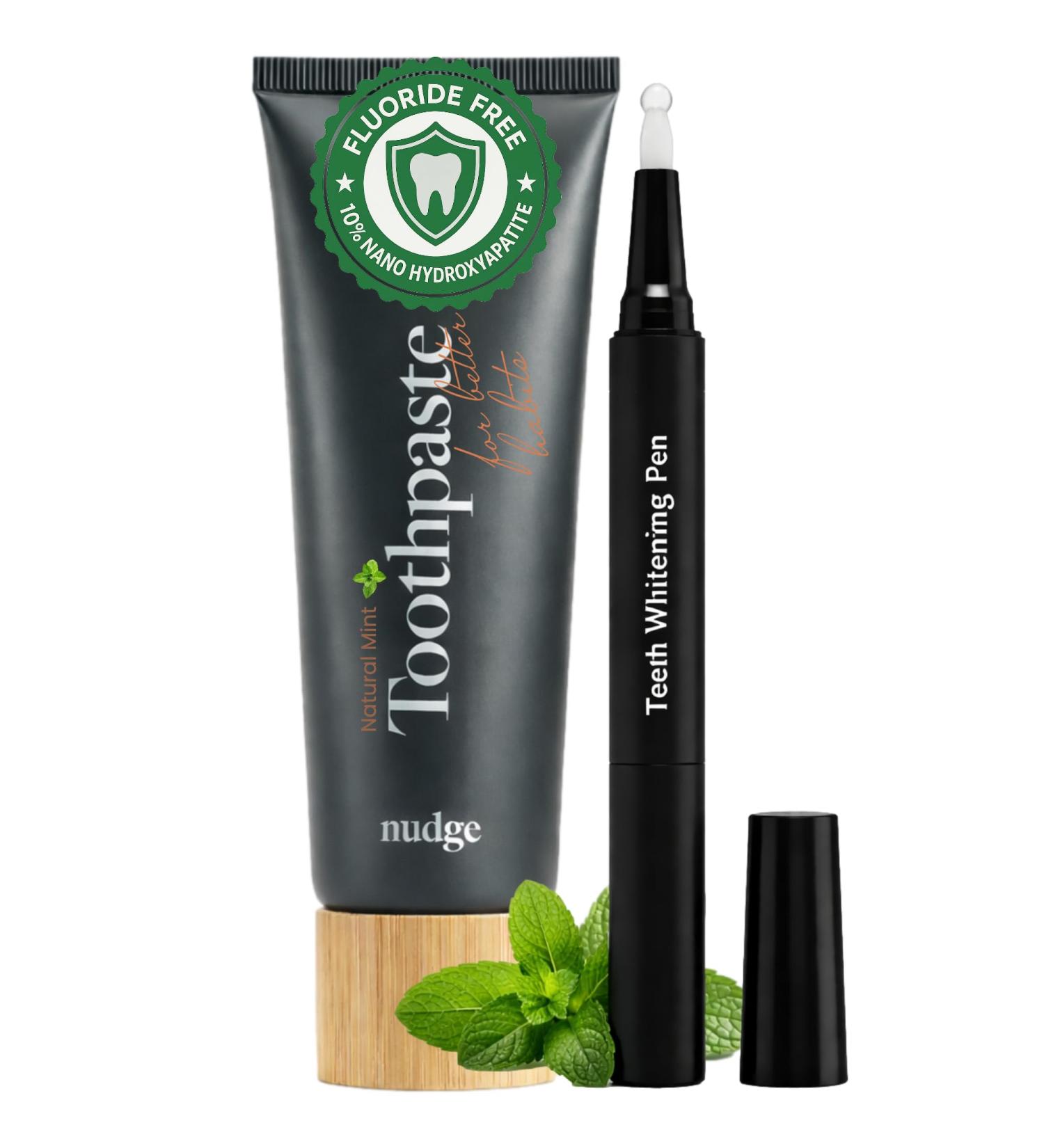 Nudge Advanced Whitening Kit 10% Nano Hydroxyapatite Remin+ Toothpaste (4.5 oz) & EnamelGuard Whitening Gel Pen (2 ml) Fluoride-Free Sensitivity-Friendly Plaque Control Strengthens Teeth - Buy Online on GoSupps.com
