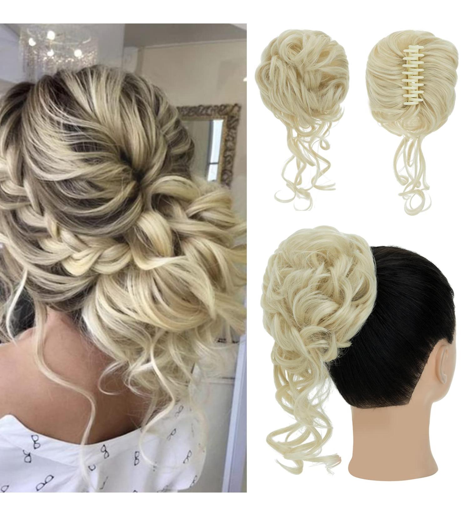 S-Noilite Claw Clip Messy Bun Hair Piece | Tousled Updo Chignon Curly Wavy Scrunchies Synthetic Ponytail Extension - Bleach Blonde 613 - Buy Online on GoSupps.com