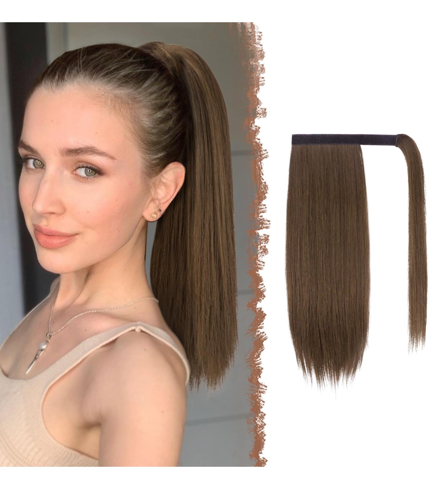 Fine Ponytail Extensions - Smooth Long Clip-In Braid Hair Extensions for Women | 35 cm Moss Brown Synthetic Hair - Buy Online on GoSupps.com