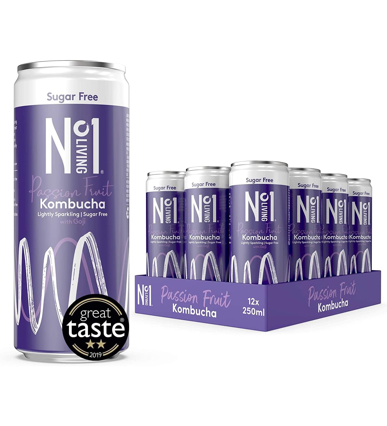 No.1 Living Kombucha Drink 24x 250ml Cans - Passion Fruit - Sugar Free Great Tasting Kombucha with Live Cultures Lightly Sparkling 100% Natural Vegan Passion Fruit & Goji 250 ml (Pack of 24) - Buy Online on GoSupps.com