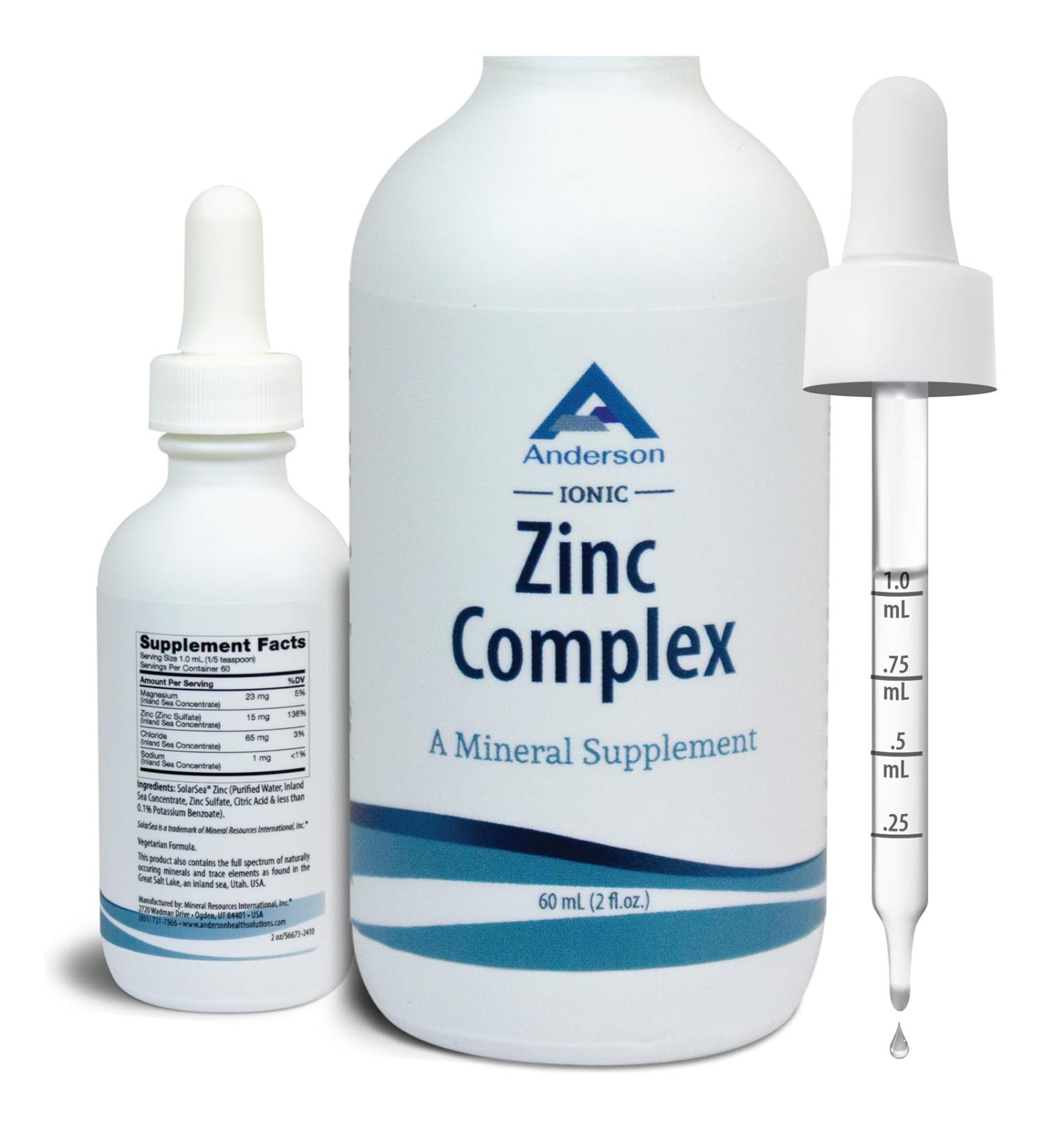 Anderson Ionic Zinc Complex, Liquid Drops for Immune Support, 15mg Zinc Sulfate per Serving, Balanced Trace Mineral Dietary Supplement for Women, Men, 60 Servings, 2oz Bottle - Buy Online on GoSupps.com