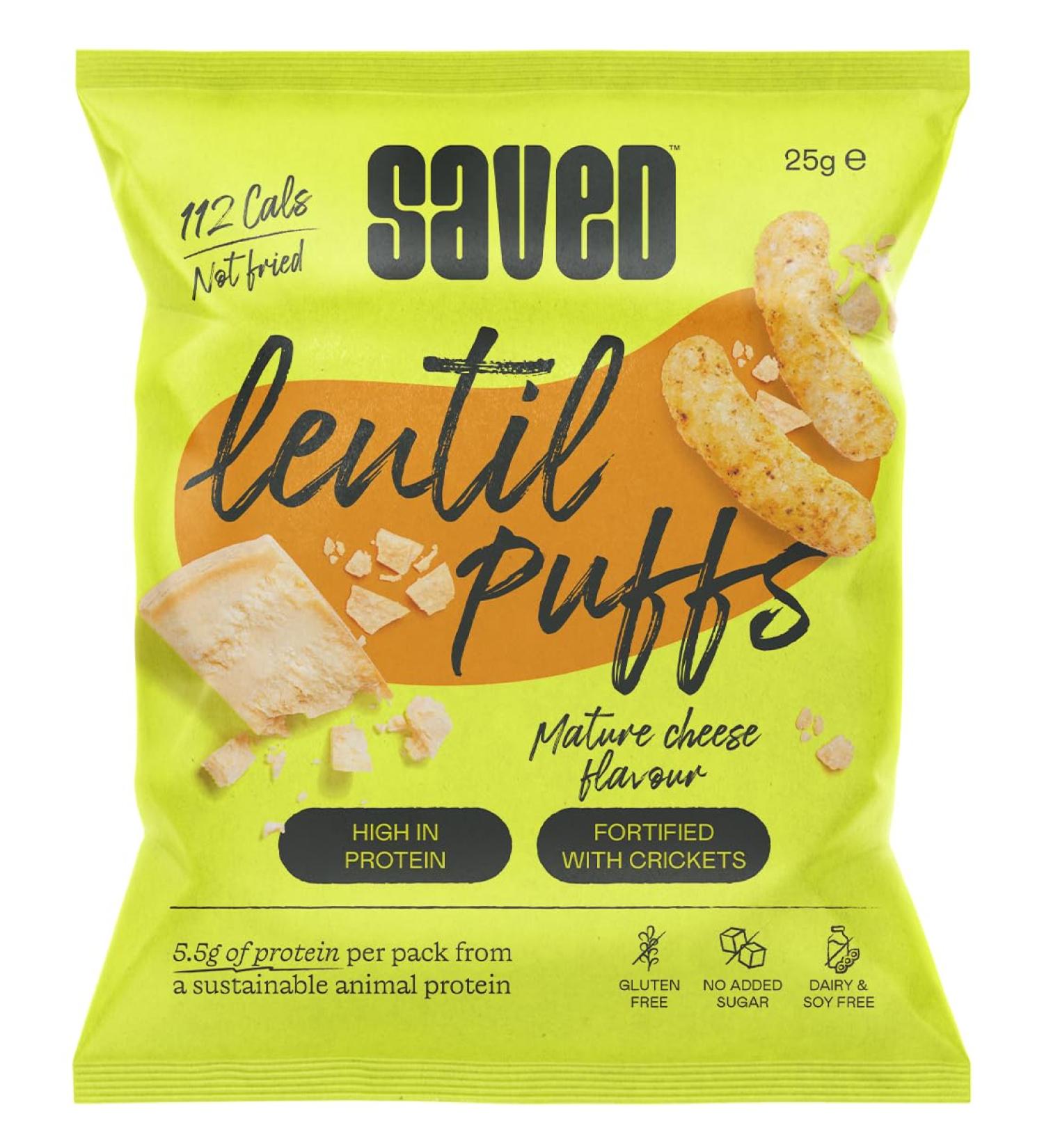 Saved Lentil Puffs - High Protein Savory Snack (25g x 18 Packs) Matured Cheese (DF) with Cricket Protein 5g Protein Per Bag - Buy Online on GoSupps.com