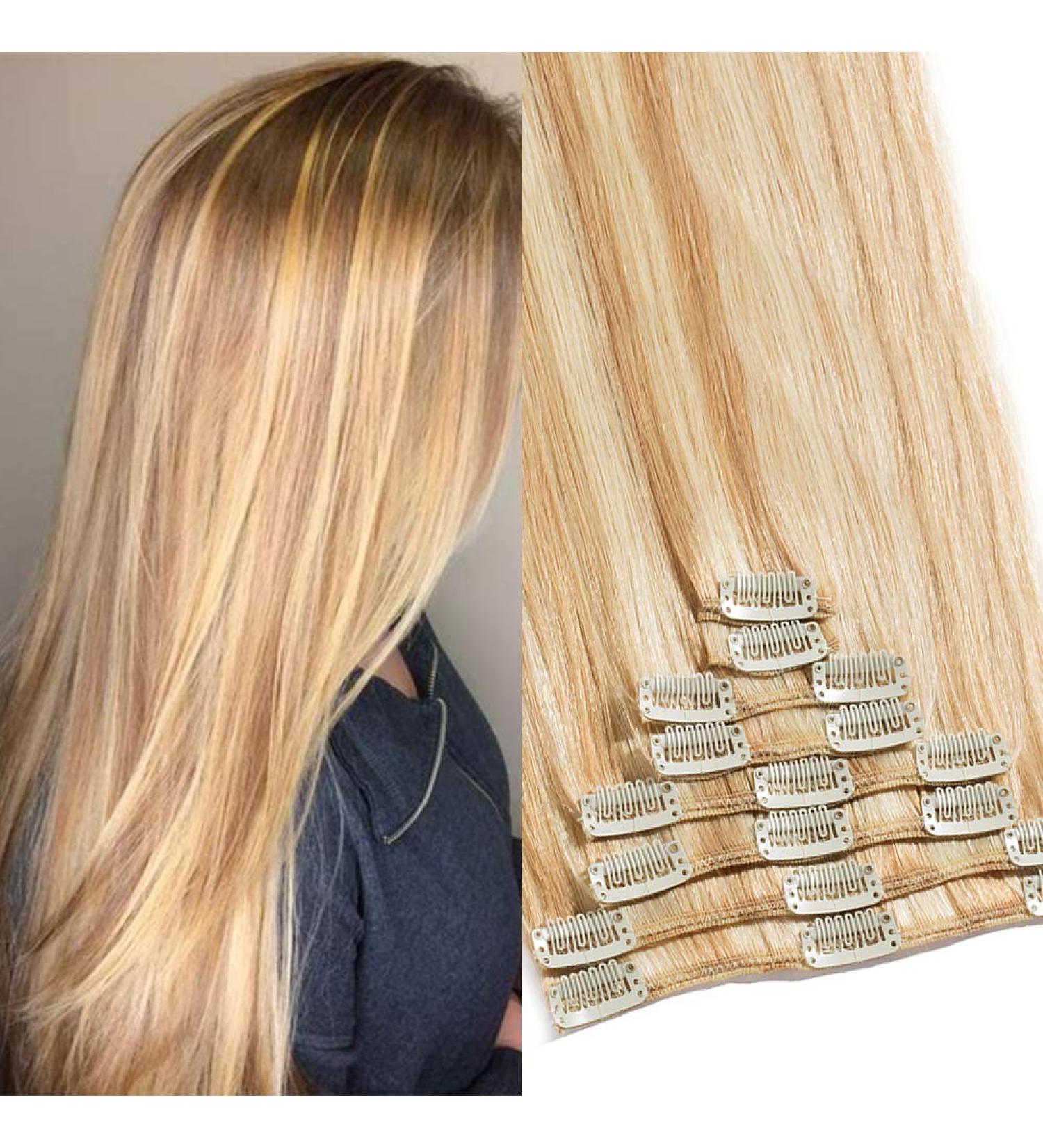 Tess Real Hair Extensions | Clip-In 7A Weft | 50cm Long Smooth Blonde Hair | 18 Clips (#18/613 Hellgoldblond) - Buy Online on GoSupps.com