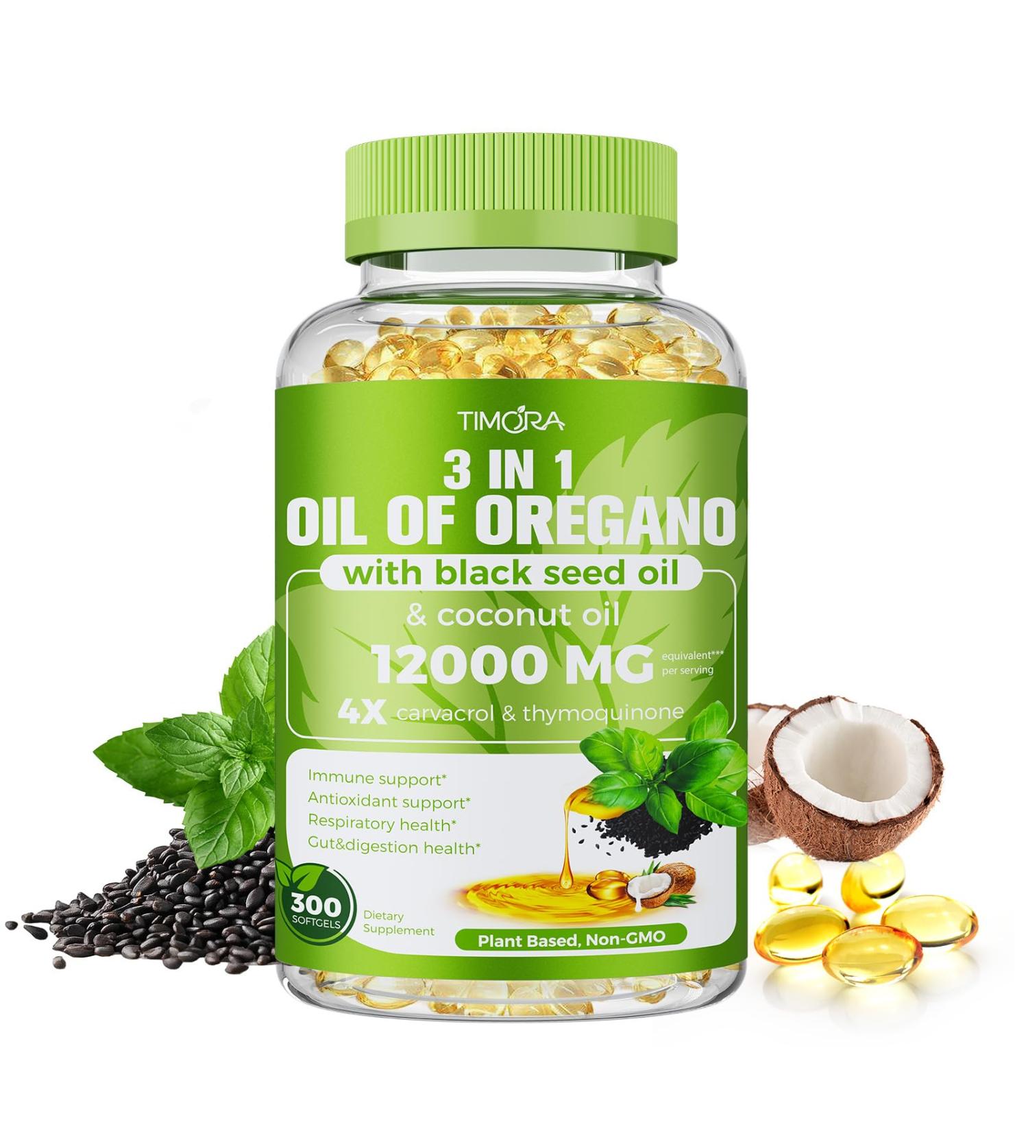 TIMORA 40:1 Oil of Oregano Softgels with Black Seed & Coconut Oil, 300 Count | 3-in-1 Formula for Digestive & Immune Support | Small, Easy-to-Swallow Capsules | Plant-Based, Non-GMO - Buy Online on GoSupps.com