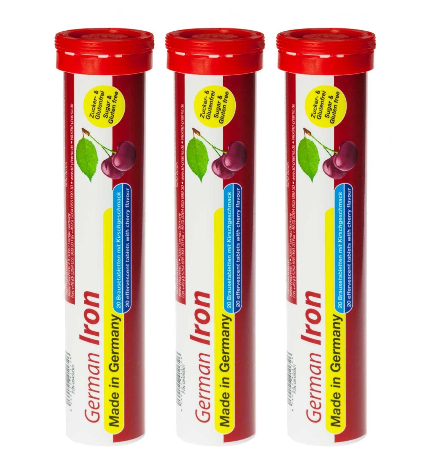 German Iron Effervescent Tablets - Sugar-Free Vegan 14mg Iron Cherry Flavor - 60 Pieces | T&D Pharma - Buy Online on GoSupps.com