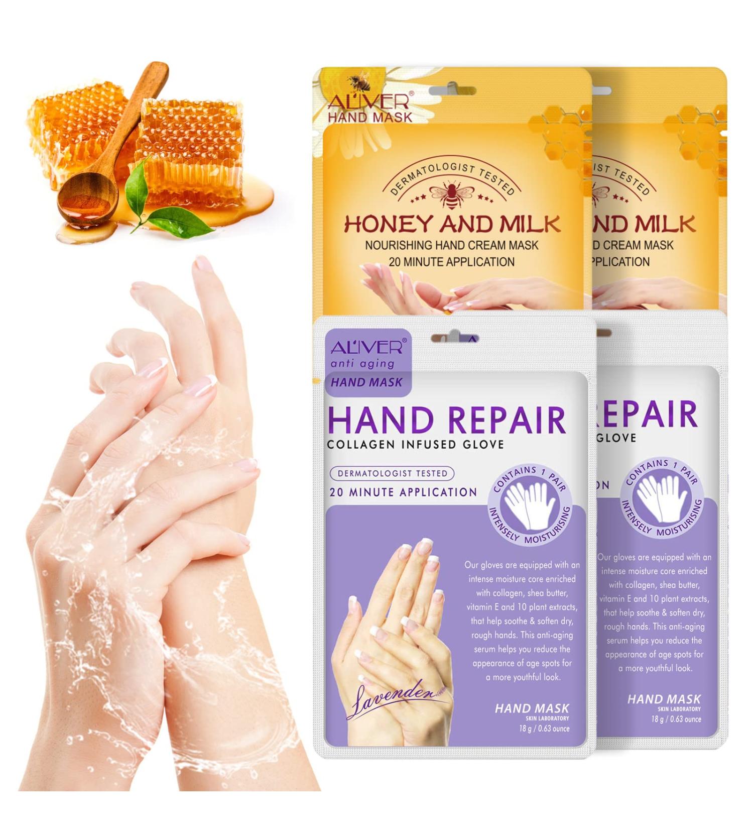 4 Pairs Moisturizing Peeling Hand Mask with Honey & Milk - Natural Plant Extracts Collagen Brightening & Anti-Aging Repair (Honey & Lavender) - Buy Online on GoSupps.com