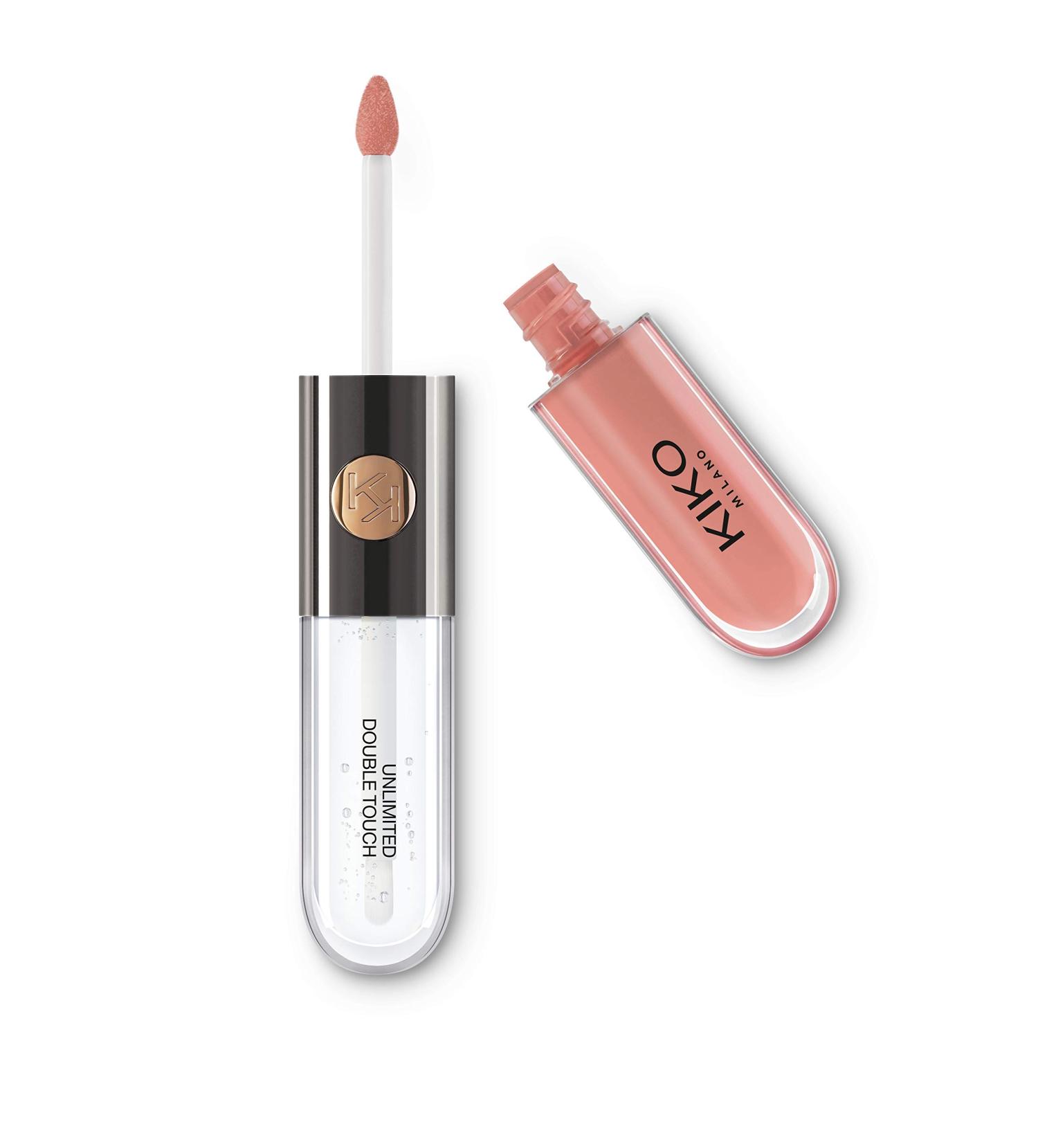 KIKO Milano Unlimited Double Touch 102 | Liquid lipstick with a bright finish in a two-step application. Lasts up to 12 hours. No-transfer base colour 102 Satin Rosy Beige single