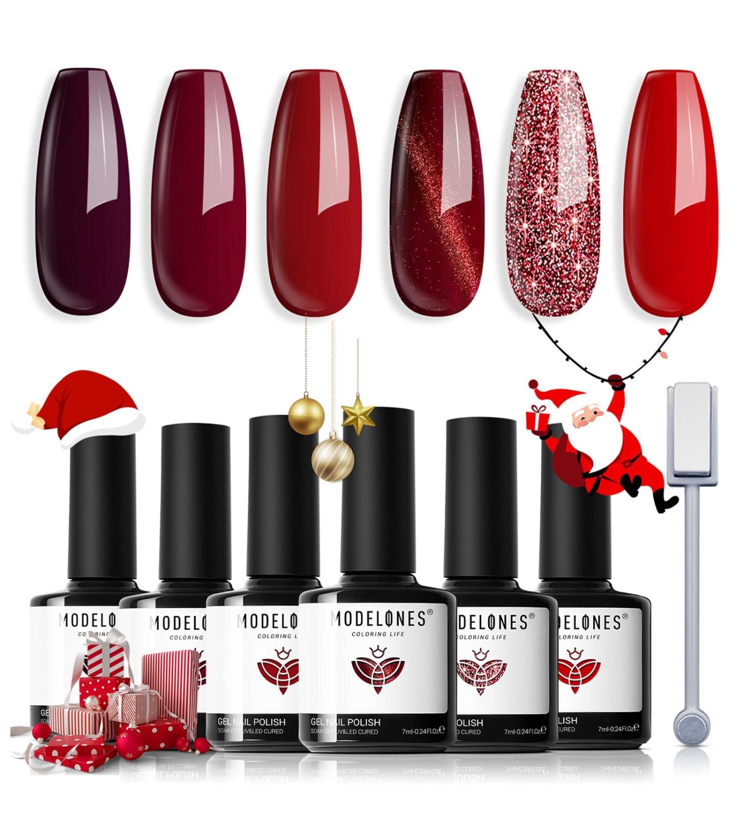 Modelones Red Gel Nail Polish Set - 6 Colors Wine Red Glitter Cat Eye Nail Polish Kit - Classic Sparkle Soak Off LED Gel - Holiday Manicure DIY Home Gift - LAST CHRISTMAS 7ml - Buy Online on GoSupps.com