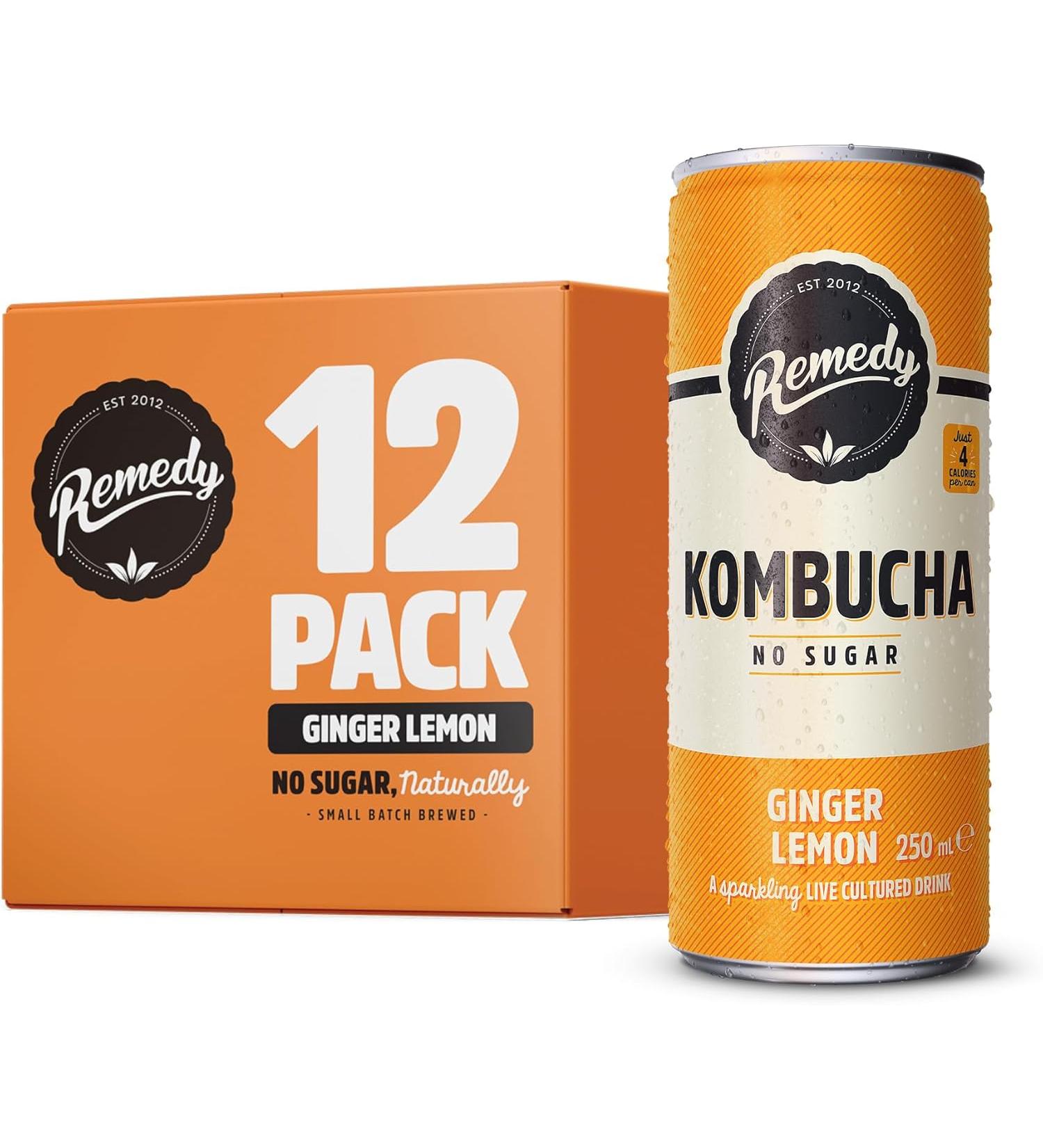 Remedy Raw Kombucha Tea Sparkling Live Cultured Drink Sugar Free Ginger Lemon - 8.45 Oz Pack Of 12 - Buy Online on GoSupps.com