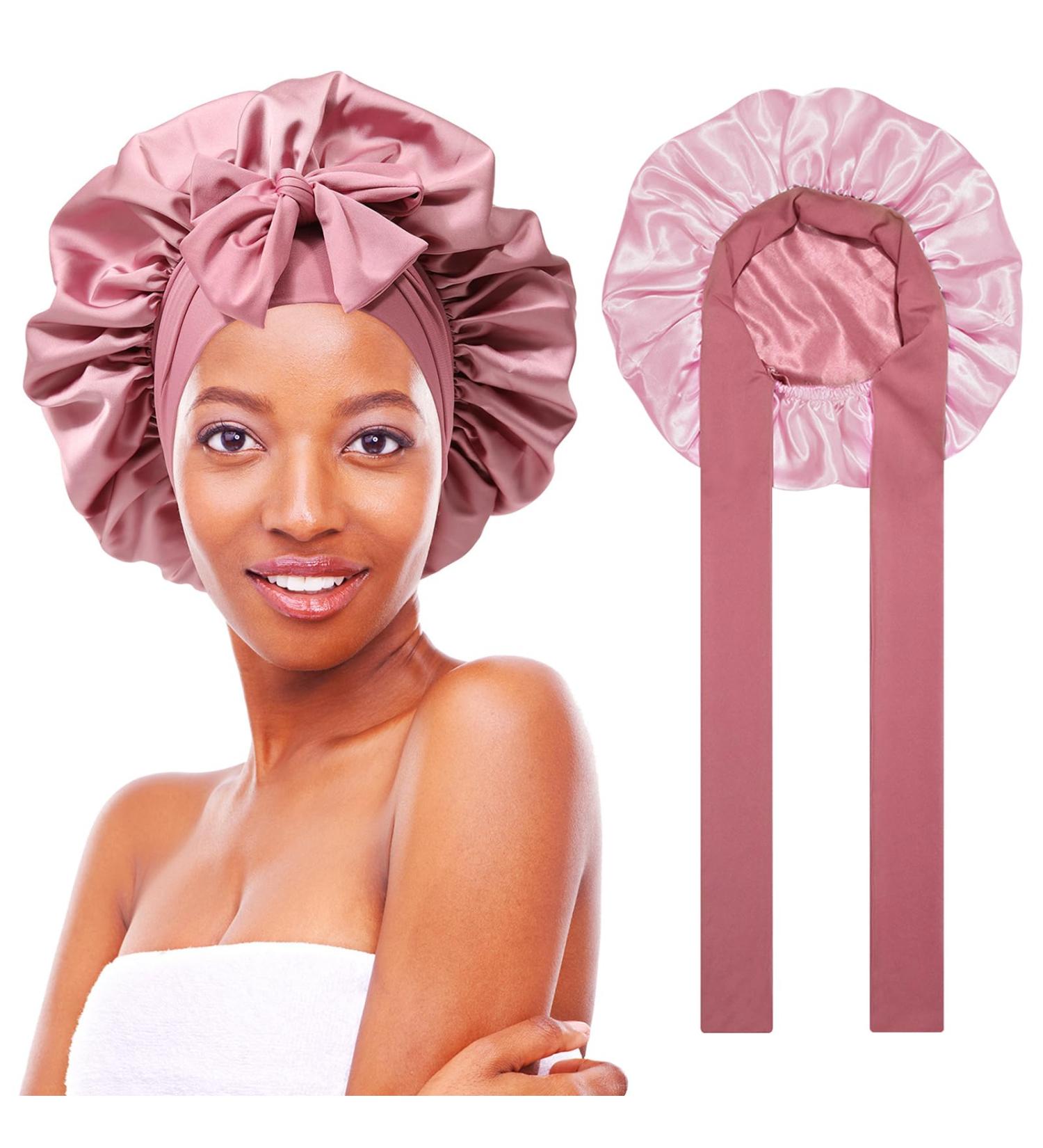 Double-Sided Silk Sleeping Cap | Tundwhite Satin Bonnet for Curly & Long Hair - Adjustable Breathable Hood (Pink) - Perfect Nightwear for Women - Buy Online on GoSupps.com