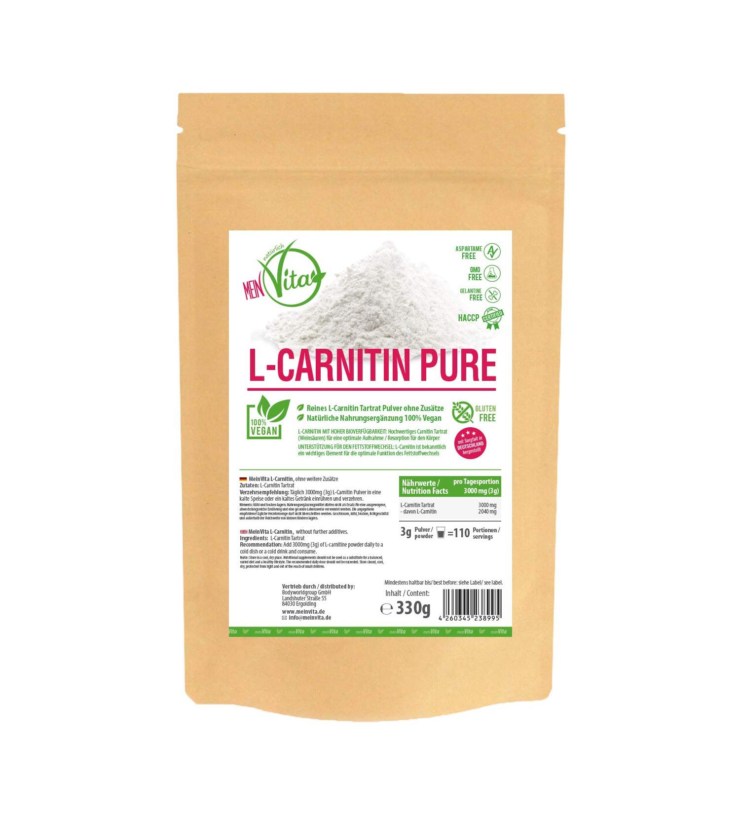 My Vita L-Carnitine PURE 330g - 100% Pure L-Carnitine Tartrate Powder | No Additives | International Shipping Available - Buy Online on GoSupps.com