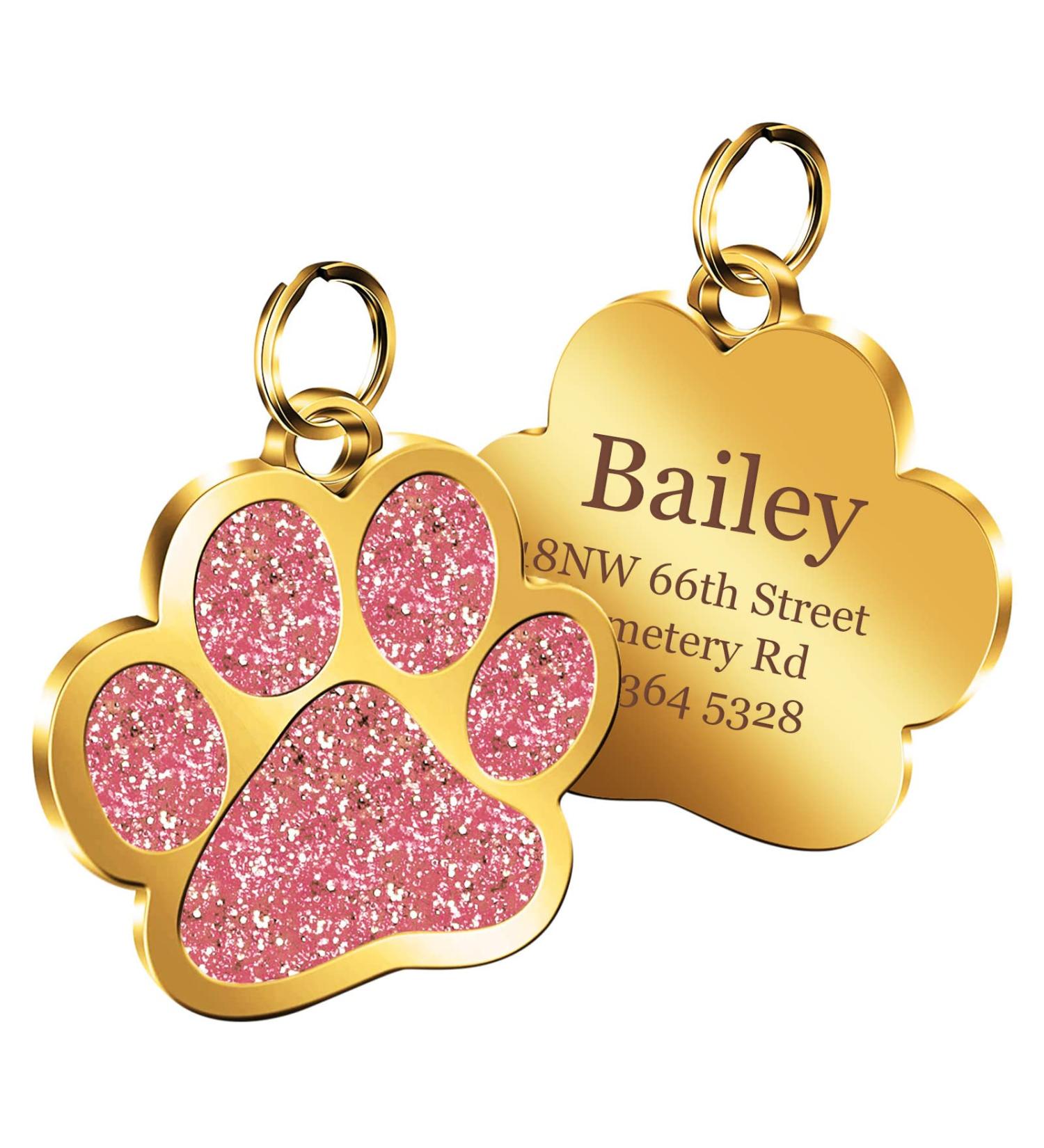 Nibana Personalized Dog Tags Glitter Paw Print Custom Pet ID Tags Engraved Cat Name Tags for Small Medium Large Dogs Cats up to 4 Lines of Custom Text Easy to Read(Pink) - Buy Online on GoSupps.com