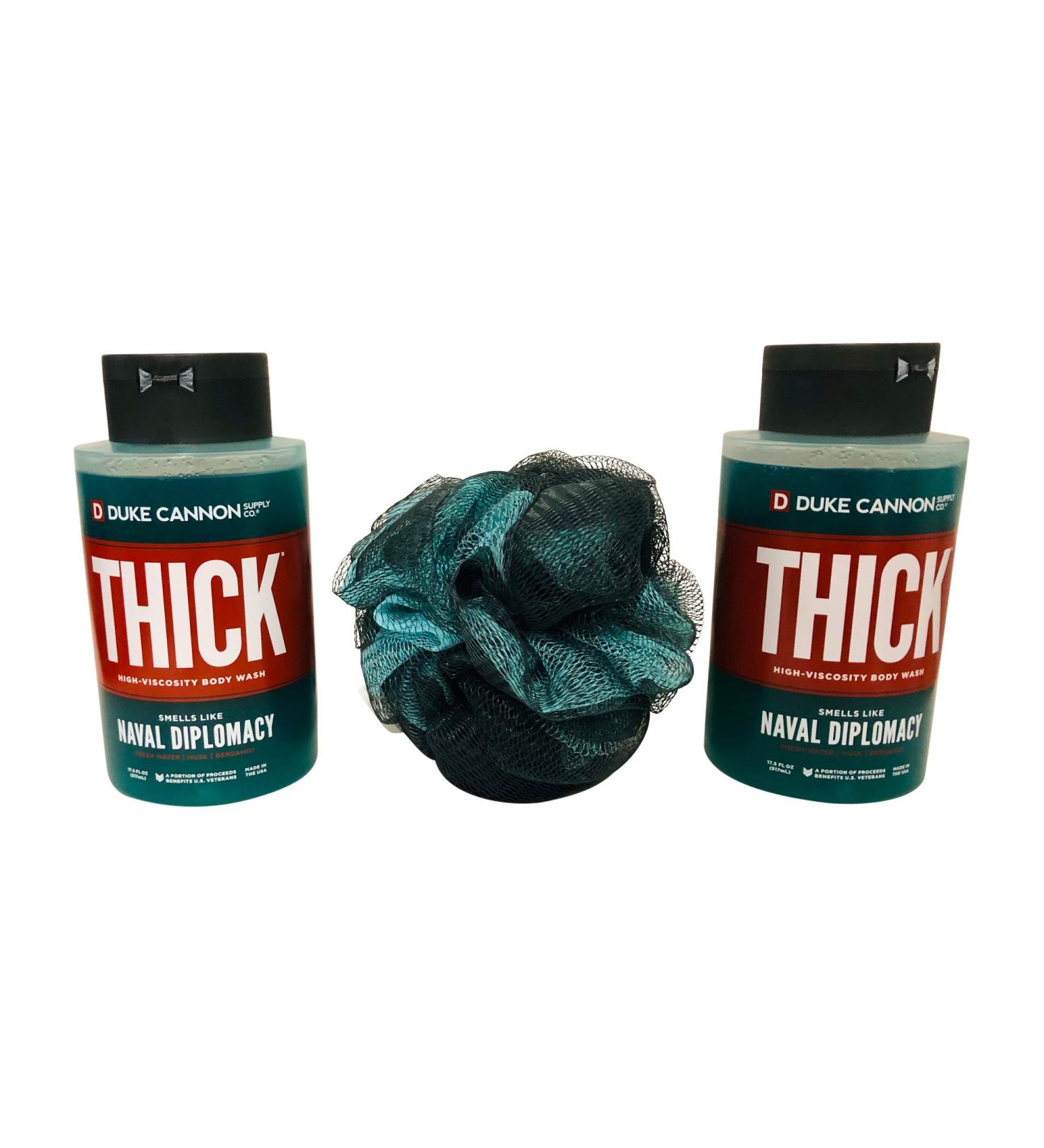 Duke Cannon Supply Co. THICK High-Viscosity Body Wash for Men Bundle: Smells Like Naval Diplomacy  17.5 Fl Oz (2 bottles) + Color coordinated bicolor Loofa