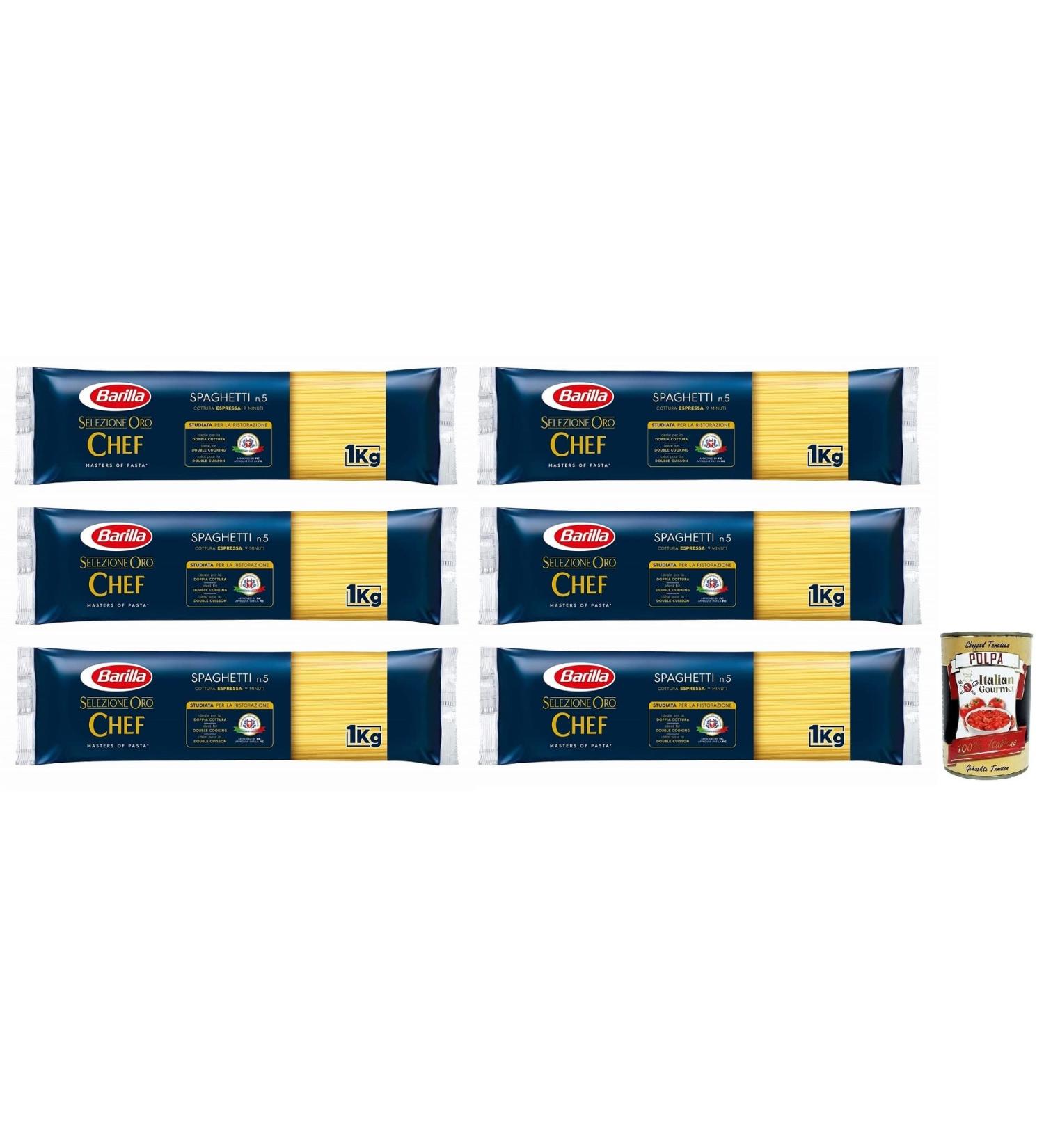  Italian Gourmet E.R. Barilla Selezione Oro Chef Pack of 6 Spaghetti No. 5 made with durum wheat semolina 100% Italian grains 1 kg pack + 400 g Italian can of Polpa di Pomodoro - Buy Online on GoSupps.com