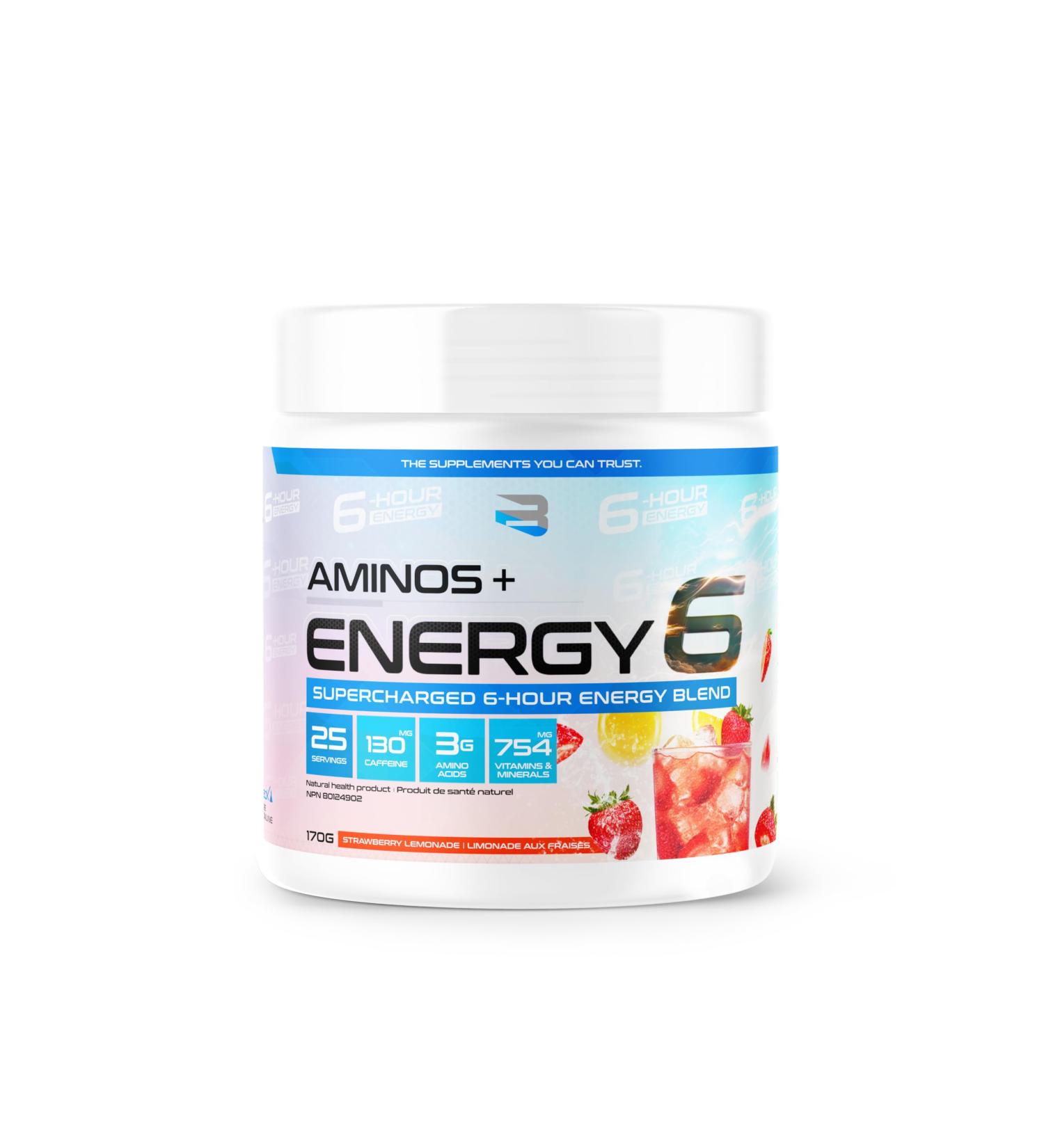 Amino+Energy6-6-Hour Energy Supplement with Amino Acids Vitamins Minerals and Stimulants - Boost Focus and Energy - (Strawberry Lemonade) - Buy Online on GoSupps.com
