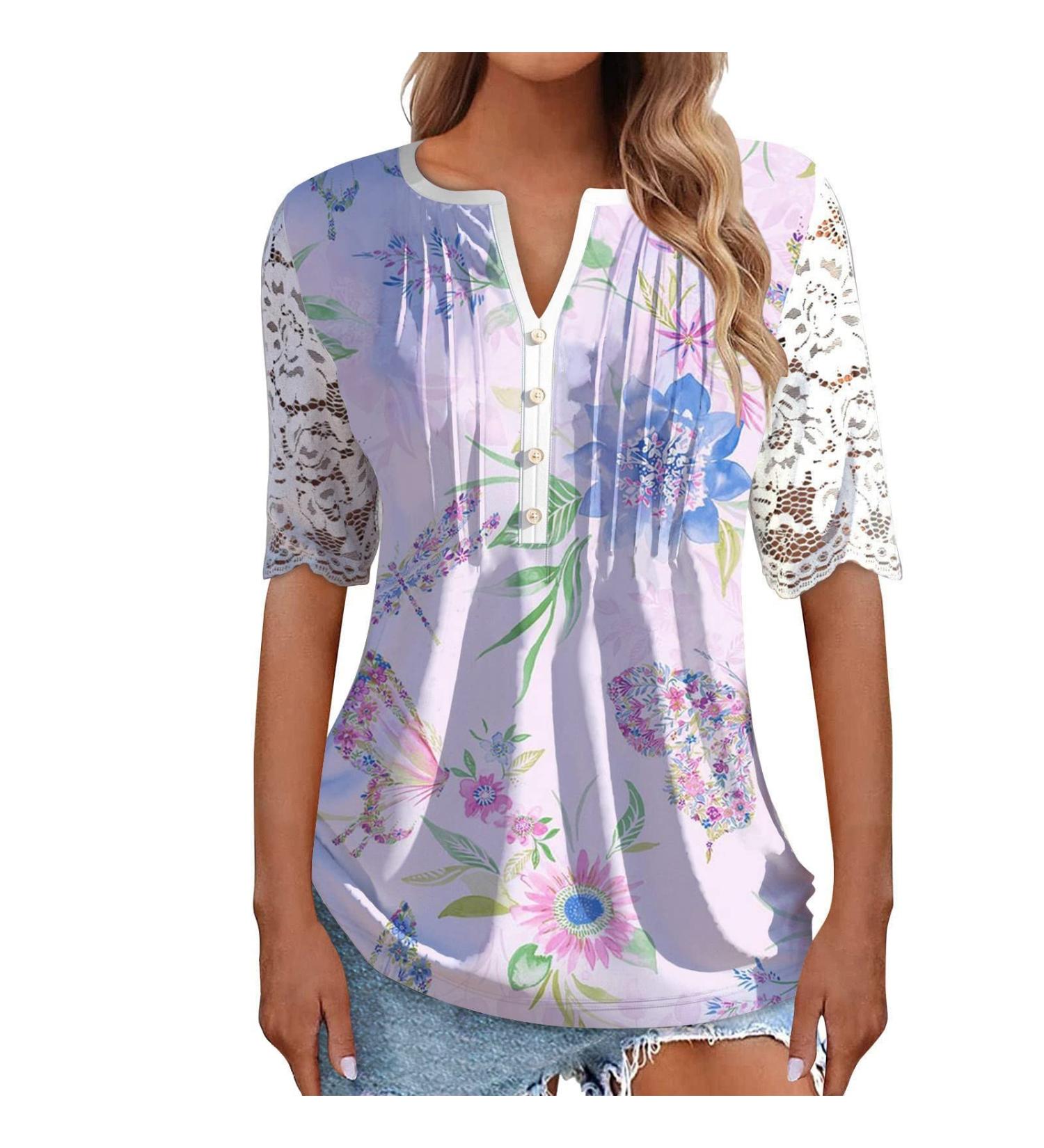 Women's Comfortable Lace Middle Long Sleeve Button Up V-Neck Hide Belly Tops Loose Bohemian Tunic Sexy Shirt Women's T-Shirt With Print Sports Shirt Women's Wide M Purple - Buy Online on GoSupps.com