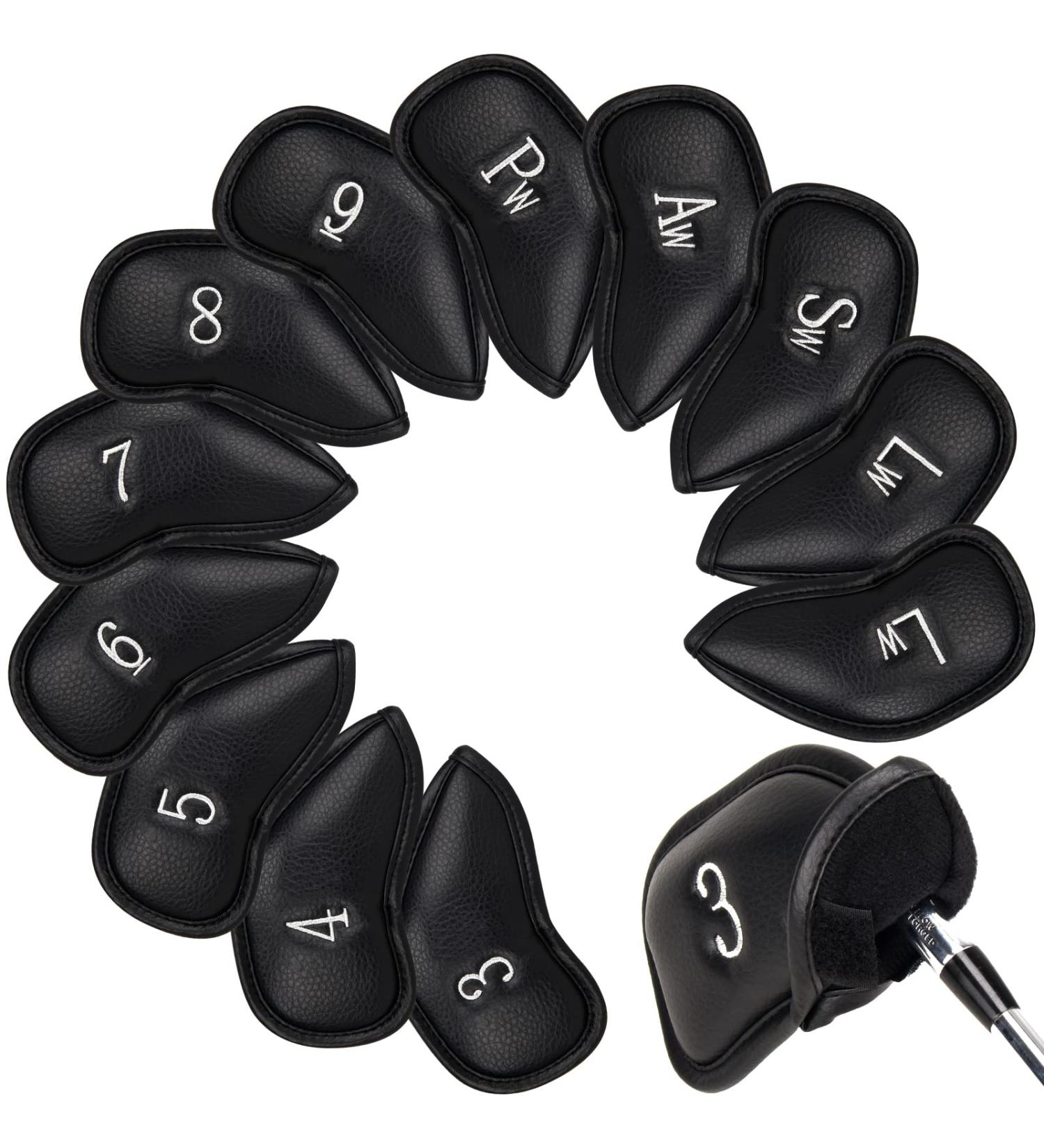 Golf Iron Covers Set 12pcs | PU Leather, Waterproof & Durable | Black Club Head Covers with Embroidery | Fits Most Irons | Right Handed - Buy Online on GoSupps.com