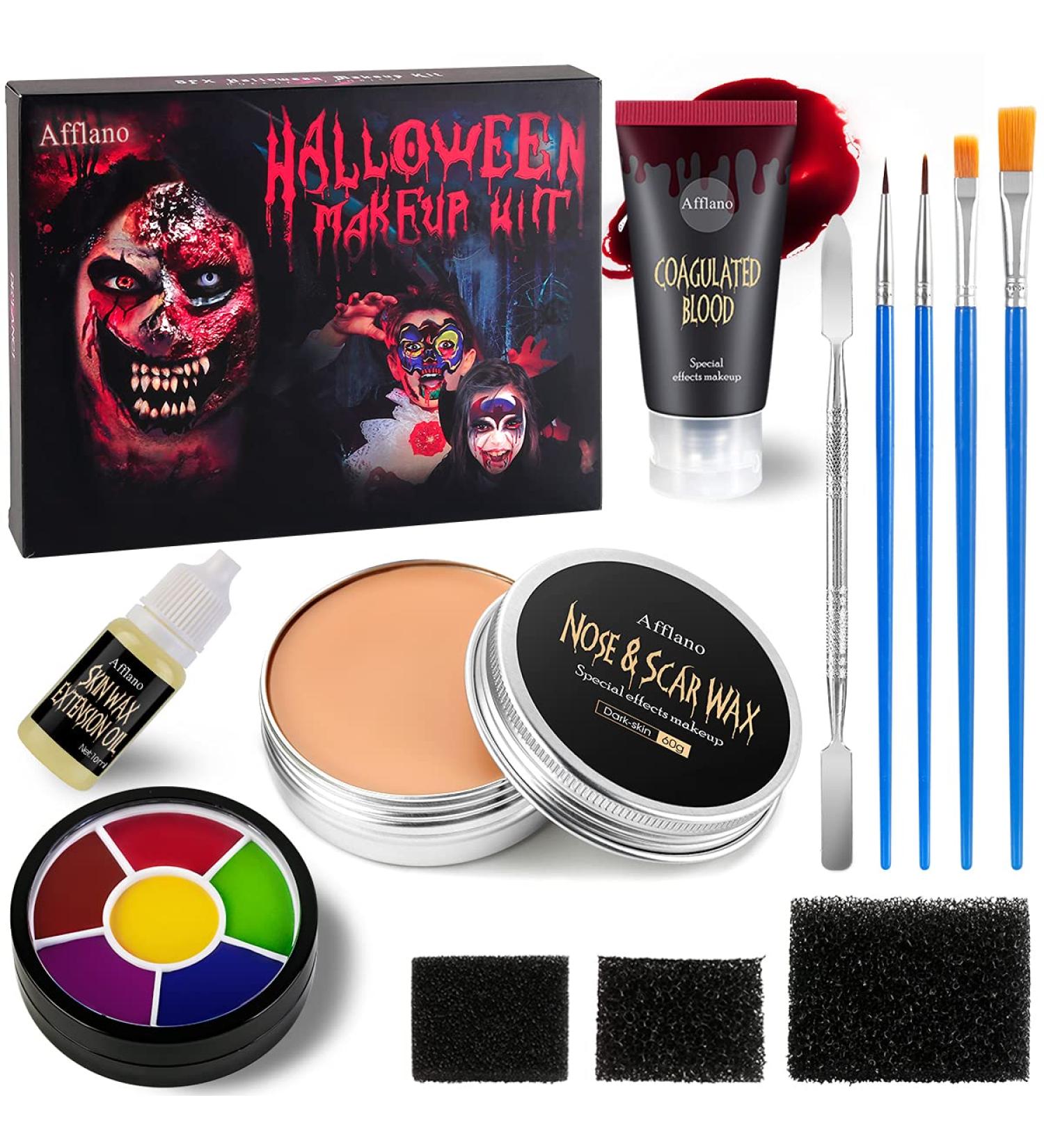 Afflano Halloween Makeup Set - Nose & Scar Wax Kit for Adults/Kids - 12 Piece Set with Coagulated Blood, Stipple Sponge, Wax Spatula - Perfect for Festival, Stage & Theatrical Wound Modeling - Buy Online on GoSupps.com
