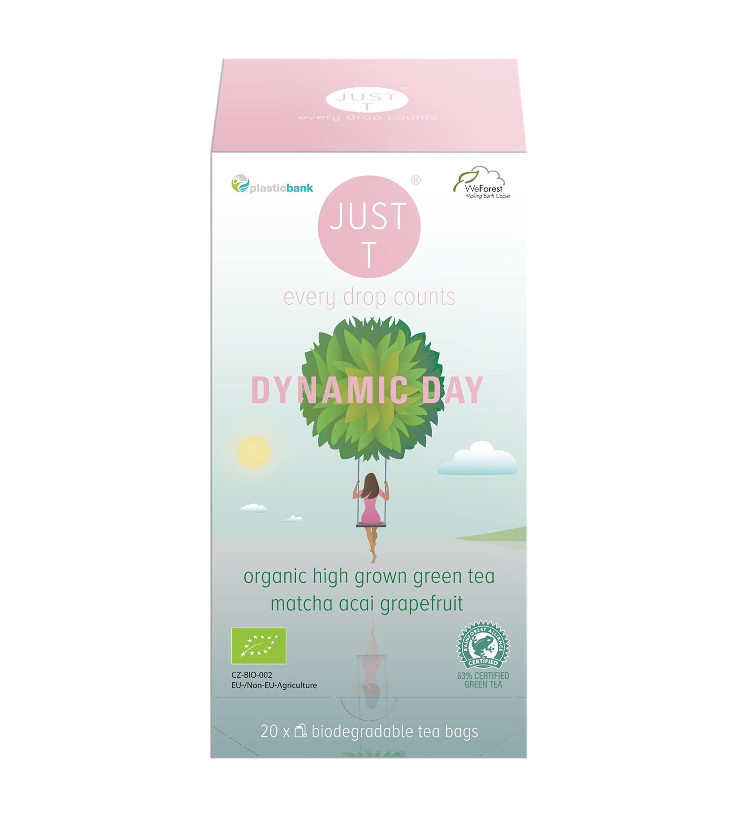 JUST T Dynamic Day Premium Double Chamber Tea Bags (20 pcs) | Organic Green Tea with Acai & Grapefruit | Biodegradable | High-Grown Leaf Tea - Buy Online on GoSupps.com