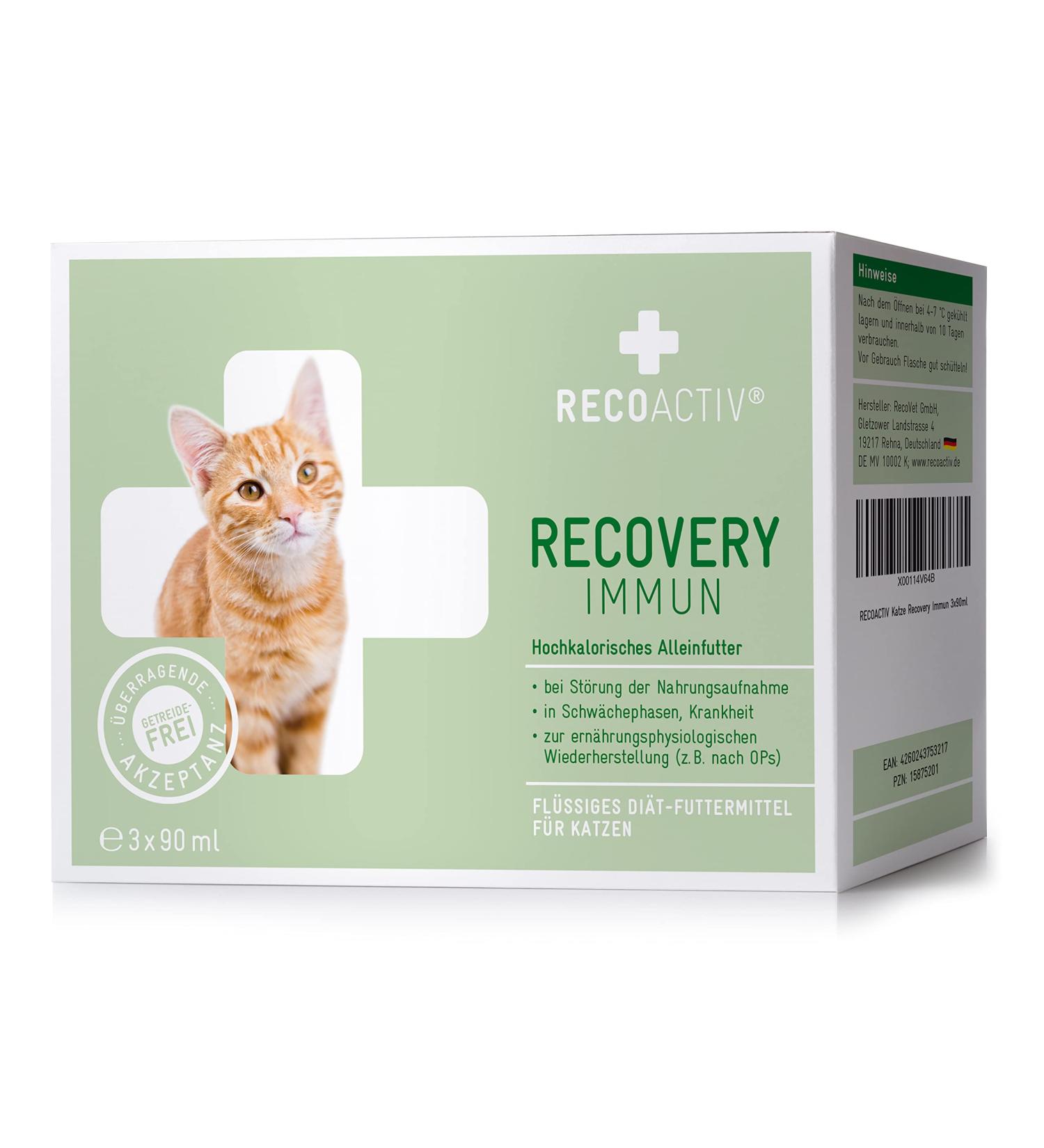 Recoactiv Recovery Immune for Cats - High-Caloric Diet (3 x 90 ml) for Malnutrition Convalescence & Weight Gain - Buy Online on GoSupps.com