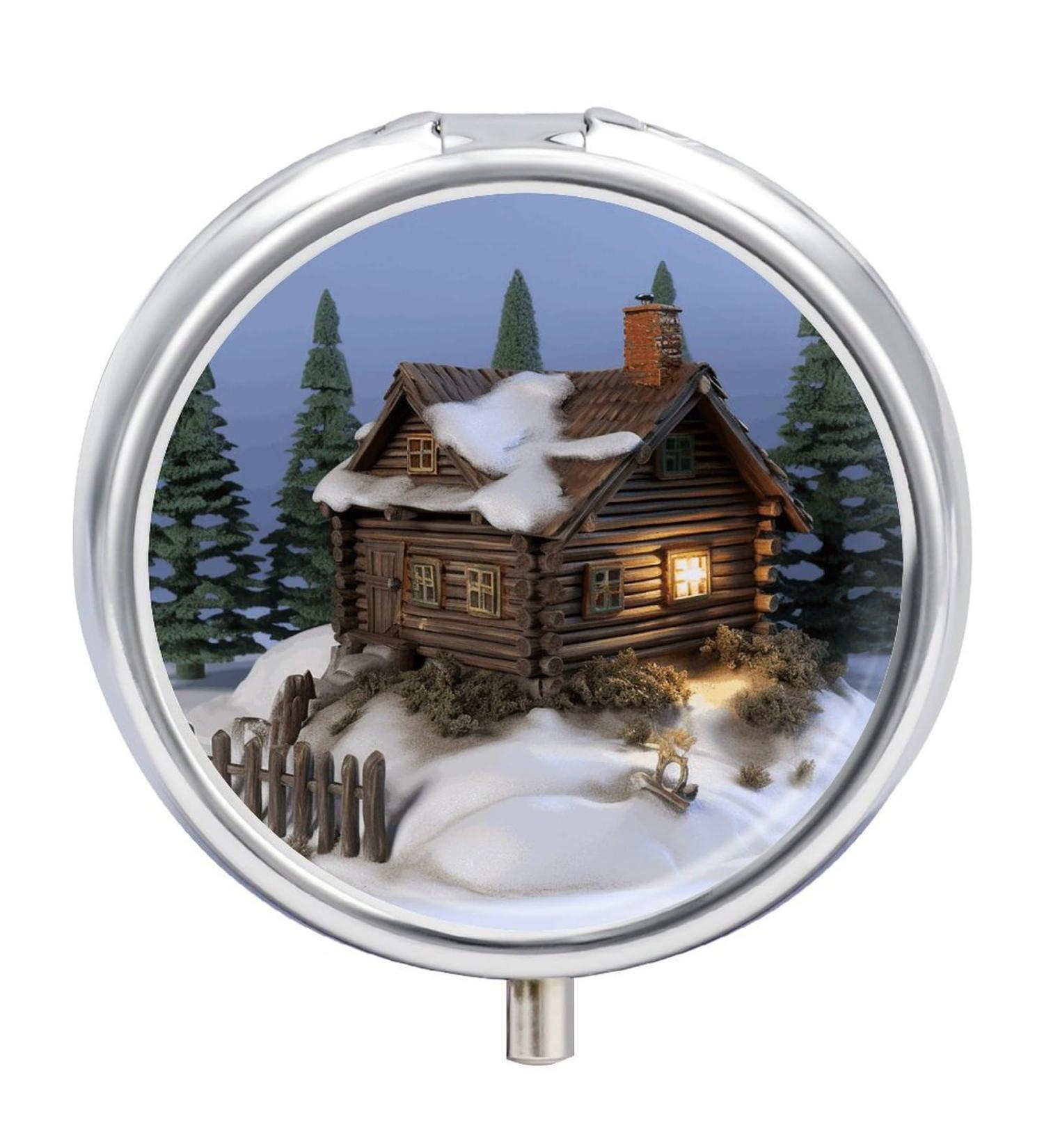 Rustic Wooden Pill Box | 3 Compartment Travel Pill Organizer | Portable Medicine Case for Purse & Pocket | Cottage Scenery Design - Buy Online on GoSupps.com