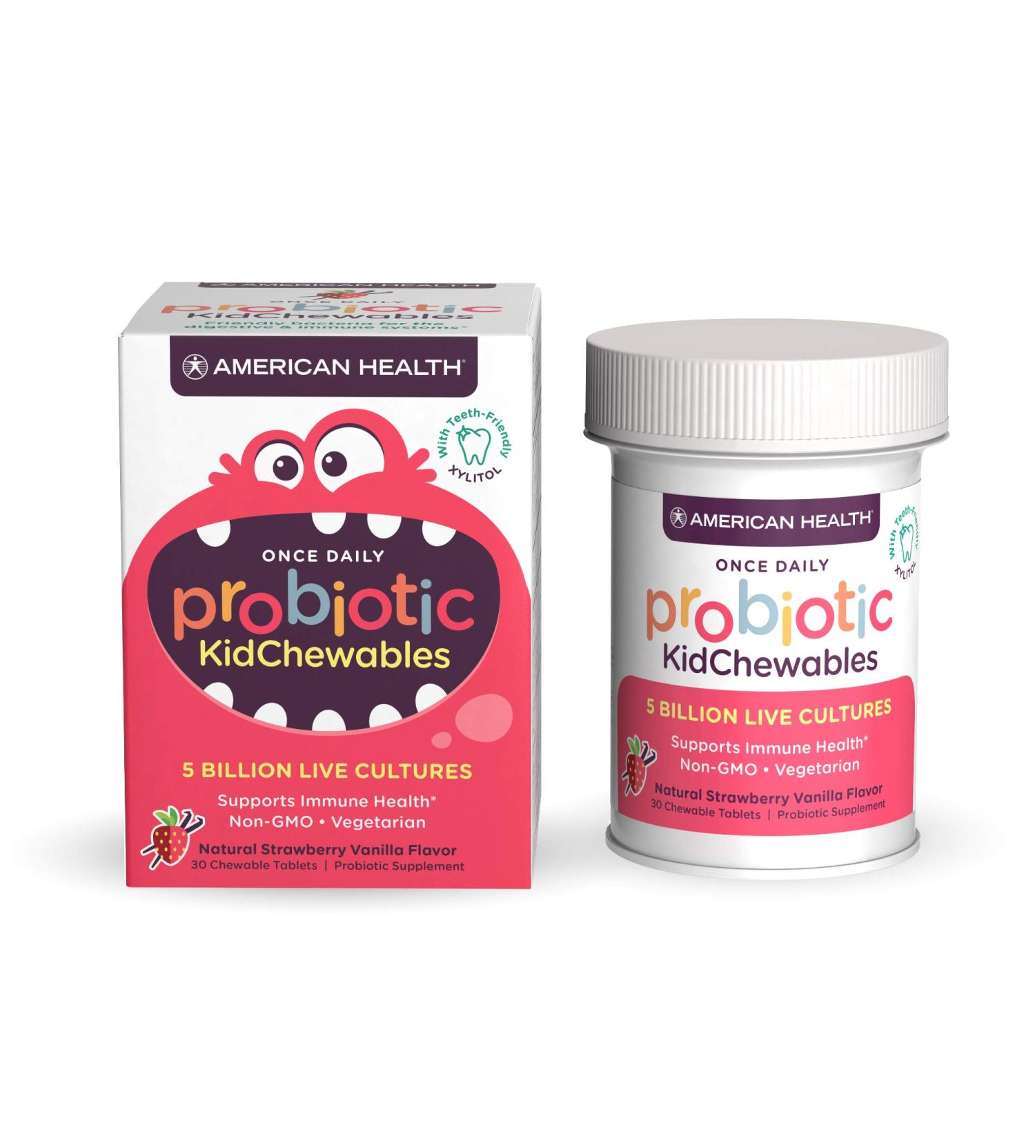 American Health Probiotic KidChewables - Strawberry Vanilla, 5 Billion Live Cultures, 30 Chewable Tablets - Buy Online on GoSupps.com